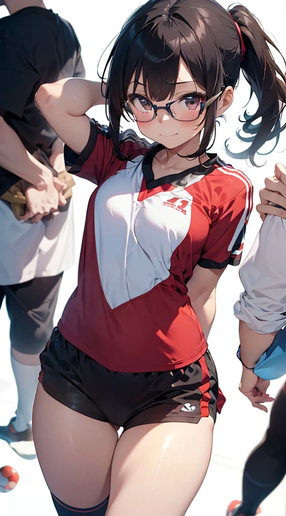 (((1woman))),(((solo woman))), Photo of a indonesian female with saggy breasts, (((keeping the goal))) in the middle of(soccer field), 20yo,petite, skinny, slender body, short body, tanned skin, dimples, light, detailed face, embarrassed face, ((looking sad)), ((crying)), (scream), (tears), ((hands raised up)), ((hands in front)), Perfect breasts, small breasts, natural breasts, big nipples, G cup, (((brown hijab))),(((glasses))), (nude), (((cotton bra))), (((cotton panties))), (((goalkeeper gloves))), (sweat:1), (wet)
