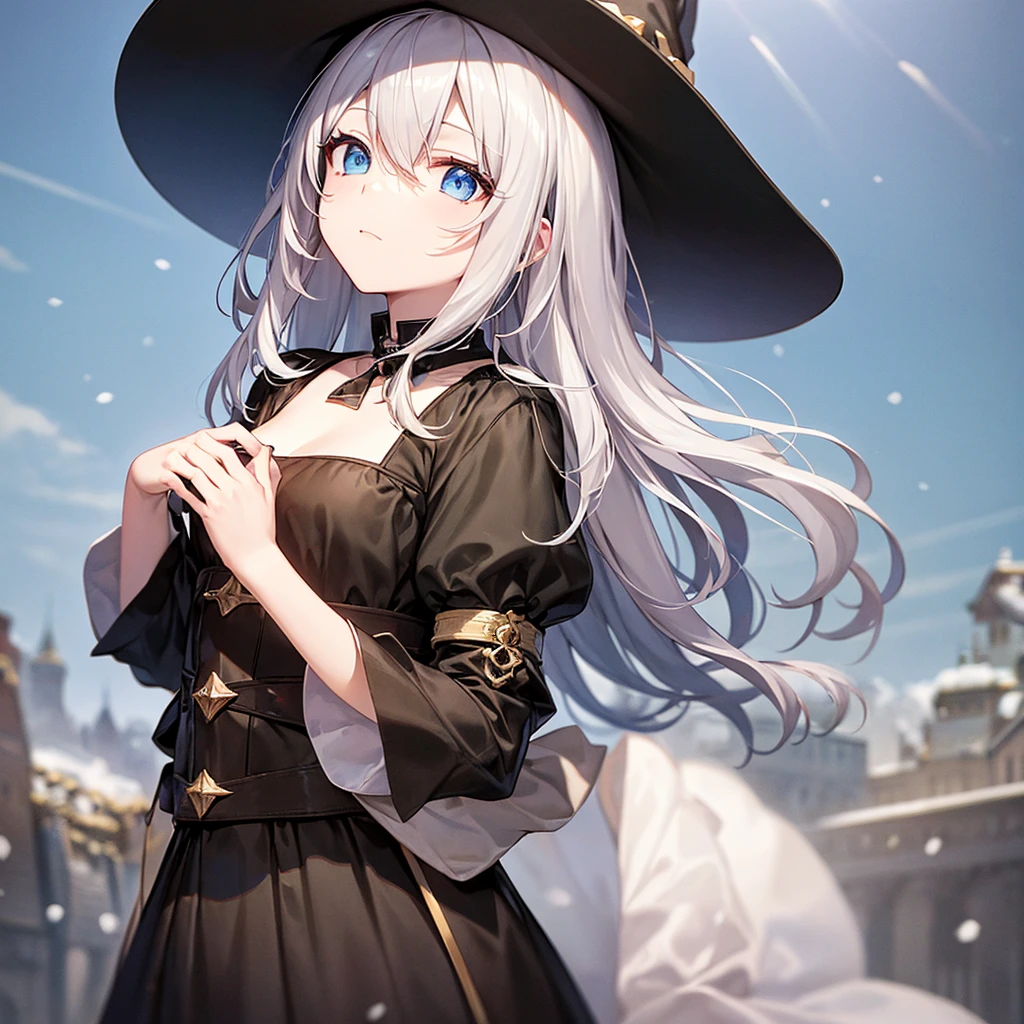 super high quality, with a girl, 20-year-old, very short hair, long bangs between the eyes, pale blue eyes , blue sky, sunlight, very detailed,(masterpiece、highest quality)、alone、gray hair、White skin as clear as snow、fantasy, silver hair, black eye, beautiful eyes,, ecstasy, charm, be smitten with audience, fantasyな風景、witch hat