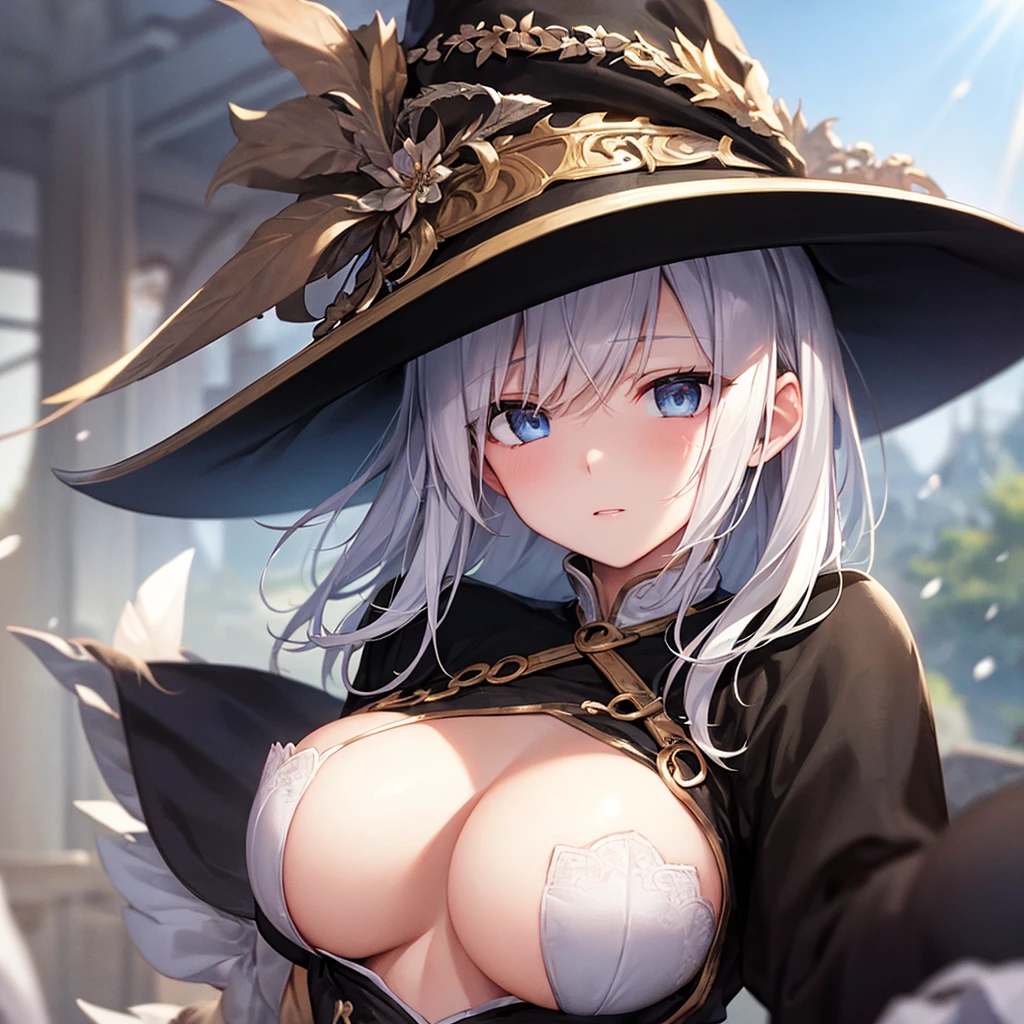 super high quality, with a girl, 20-year-old, very short hair, long bangs between the eyes, pale blue eyes , blue sky, sunlight, very detailed,(masterpiece、highest quality)、alone、gray hair、White skin as clear as snow、fantasy, silver hair, black eye, beautiful eyes,, ecstasy, charm, be smitten with audience, fantasyな風景、witch hat