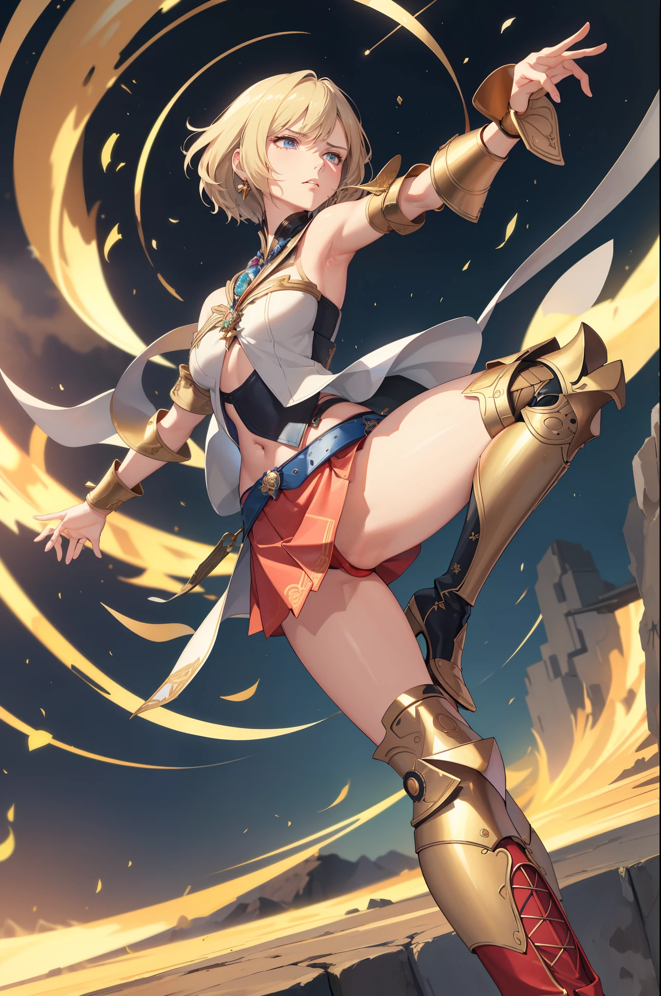 (golden ratio,muste piece, top quality, best quality, beautiful and aesthetic:1.2), very detailed, colorful,best details, (adult,19 years old,1 girl,  Final Fantasy 12,Ashelia, short hair, short hair,Asheliaコスチューム, huge , mini skirt,thigh high boots, thighs, jewelry,Contemptuous look,Eyes like looking at garbage, displeased,from below,Knee striking,Knee striking,Knee striking,Knee striking,Knee striking,solo,1 girl