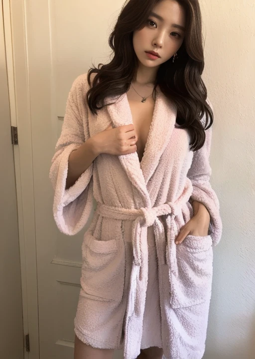 bathrobe、full body shot、A woman with the same face as last time(misaki),4K、1people's women、slender、 Loose wavy styling 、seductive and attractive,Including face and skin texture,detailed eyes、a seductive look