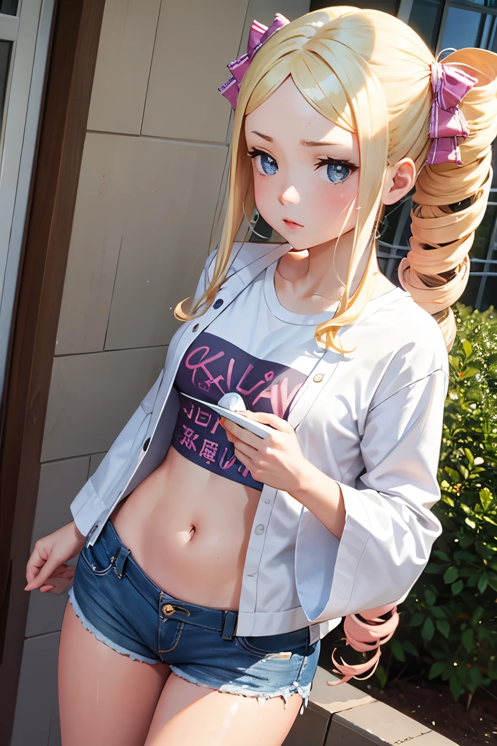 1 girl, wearing short shorts, tight shirt, thin waist, Beatrice re: zero, small breasts, delicate face, no smile, blonde hair