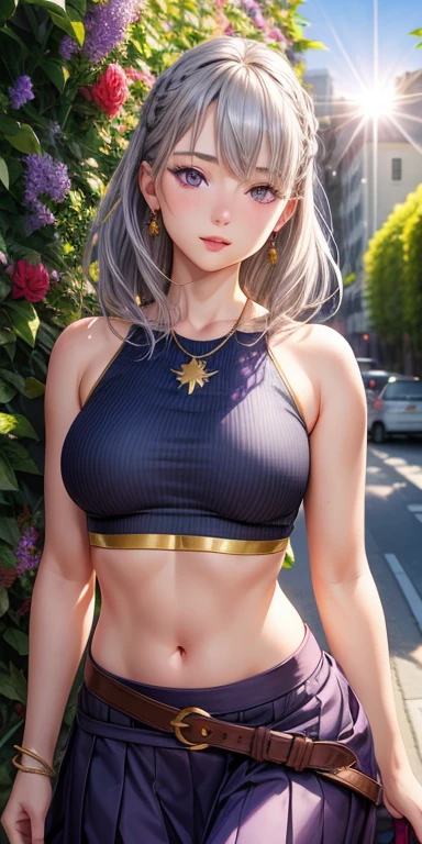 realistic, 1 girl, gray hair, purple eyes, shining eyes, crop top, skirt, parted lips, blush, night, flowers, sun, sunlight,