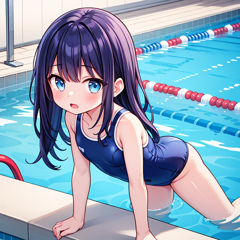 1girl, blue school swimsuit, school swimming pool,