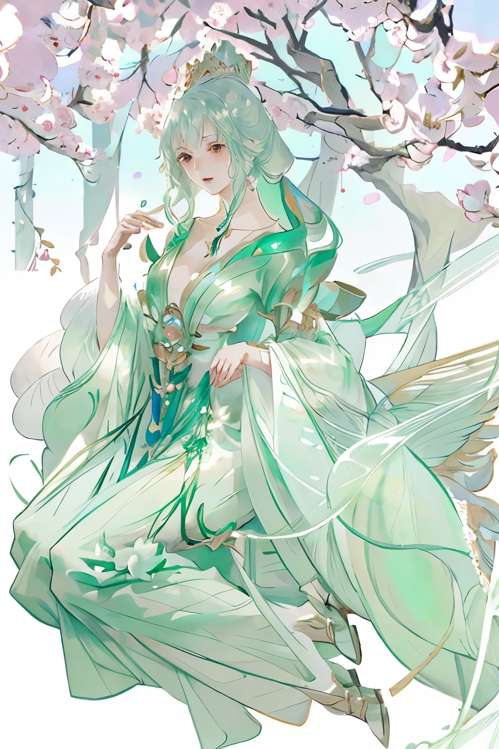 Wearing a green dress、anime girl with a fan in her hand, ((beautiful fantasy queen)), anime goddess, beautiful fantasy queen, flowing magic robe, Inspired by Luo Mu, ethereal wings, The majestic angel, Inspired by Ma Yuanyu, full body xianxia, Onmyoji Detailed Art, 《Genshin》Keqing in