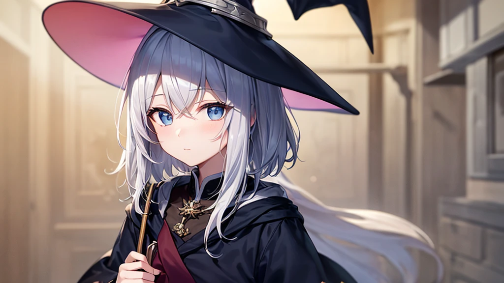 super high quality, with a girl, 20-year-old, very short hair, long bangs between the eyes, pale blue eyes , blue sky, sunlight, very detailed,(masterpiece、highest quality)、alone、gray hair、White skin as clear as snow、fantasy, silver hair, black eye, beautiful eyes,, ecstasy, charm, be smitten with audience, fantasyな風景、witch hat