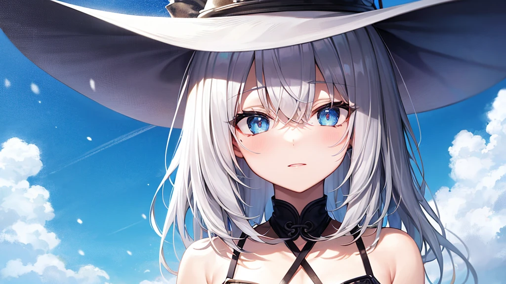 super high quality, with a girl, 20-year-old, very short hair, long bangs between the eyes, pale blue eyes , blue sky, sunlight, very detailed,(masterpiece、highest quality)、alone、gray hair、White skin as clear as snow、fantasy, silver hair, black eye, beautiful eyes,, ecstasy, charm, be smitten with audience, fantasyな風景、witch hat