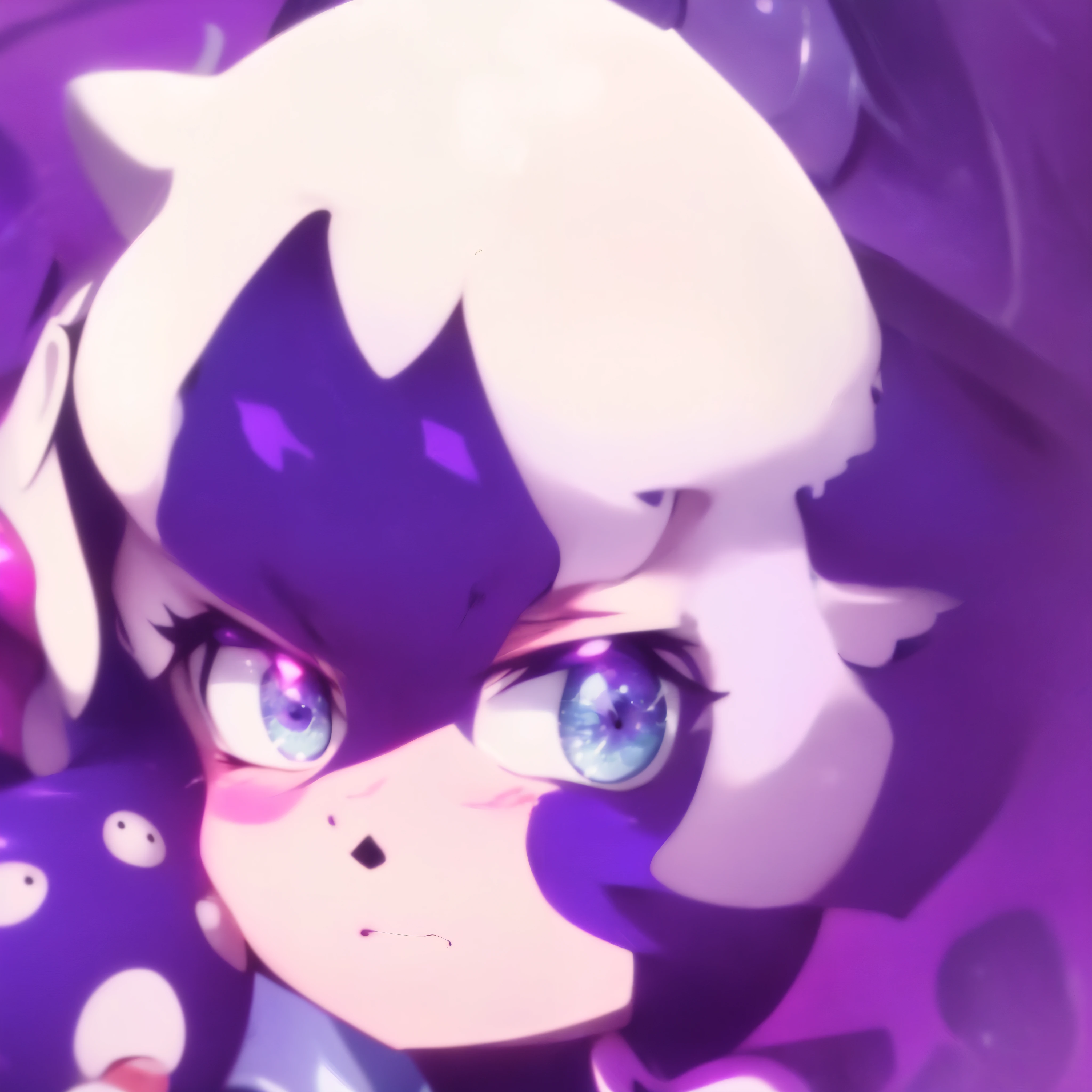 a close up of a cartoon character with a purple background, pouty, flat anime style shading, with glowing purple eyes, sly expression, melty, unknown artstyle, close up character, character art closeup, cel - shaded art style, intense expression, with splatoon style, inspired by Puru, art in the style of joshy sly, character close-up
