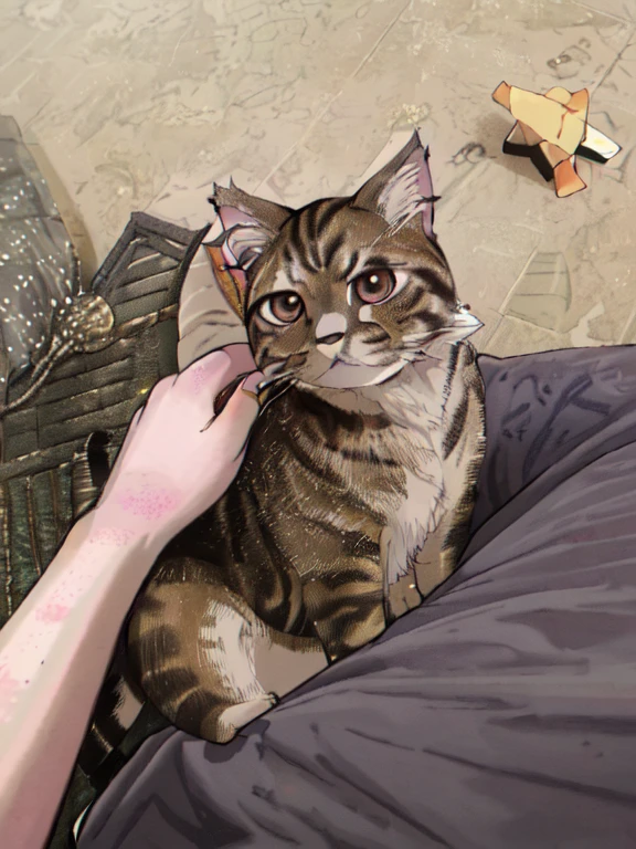 someone is petting a cat on the floor with a stuffed animal, with small cat on lap, big cheeks holding her cat, holding it out to the camera, glaring at the camera, cute furry needs your help, holding a cat, lovingly looking at camera, looking to camera, looking to the camera, looking straight to camera, looking confused