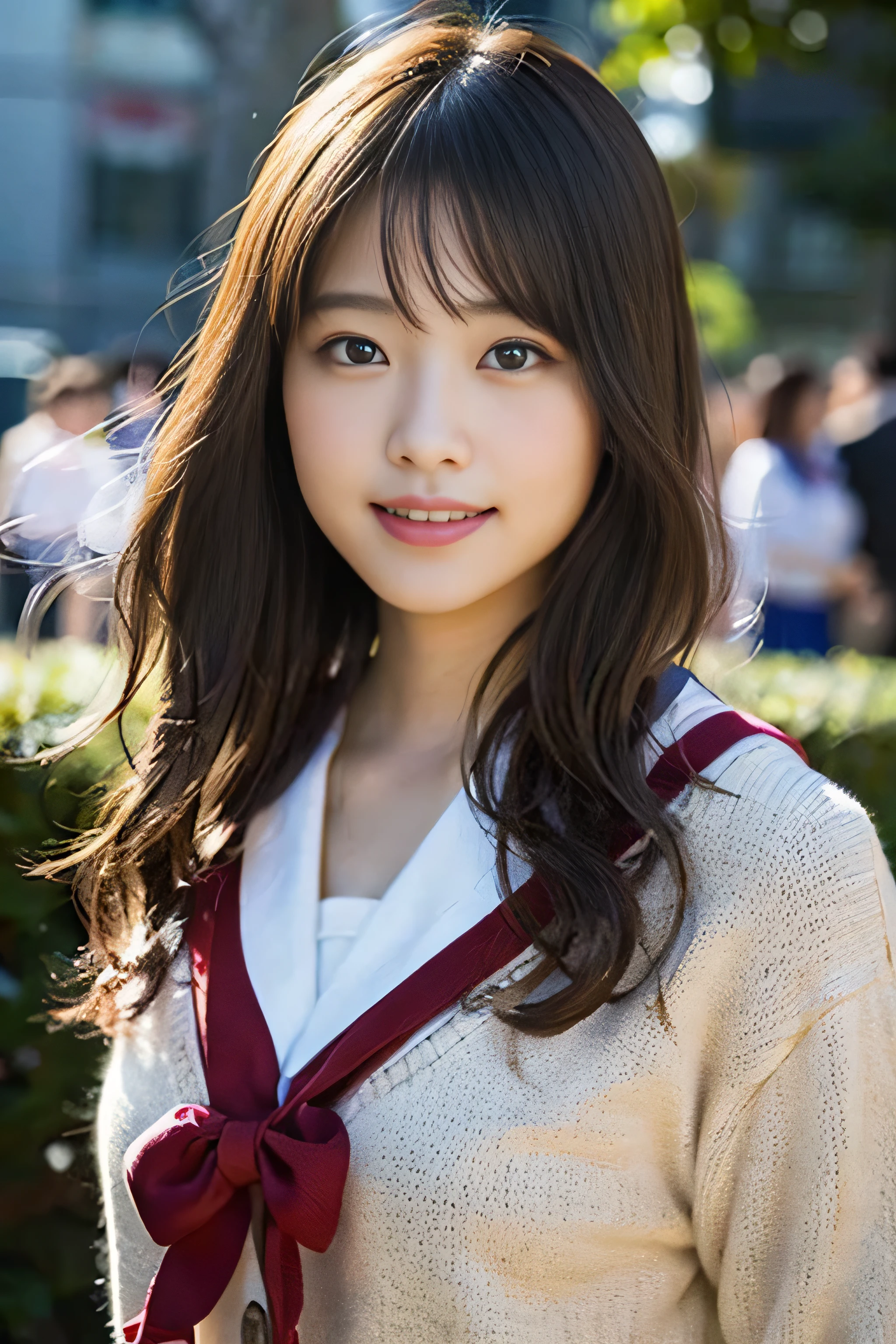 (8K、RAW photo、highest quality、masterpiece:1.2)、(realistic、Photoreal:1.37)、Super detailed、ultra high resolution、1 girl、see the beholder、beautiful and detailed face、laughter、narrow、(slim waist) :1.3)、beautiful and smooth skin、skin texture、floating hair、professional lighting、as a whole human body、long hair、blonde、Japanese high school uniform、sailor suit、admission、、bob hair、E cup、smile、16 years old、red ribbon、baby face、childish smile、no makeup、moisturizing lips、pale pink lips、Museum background