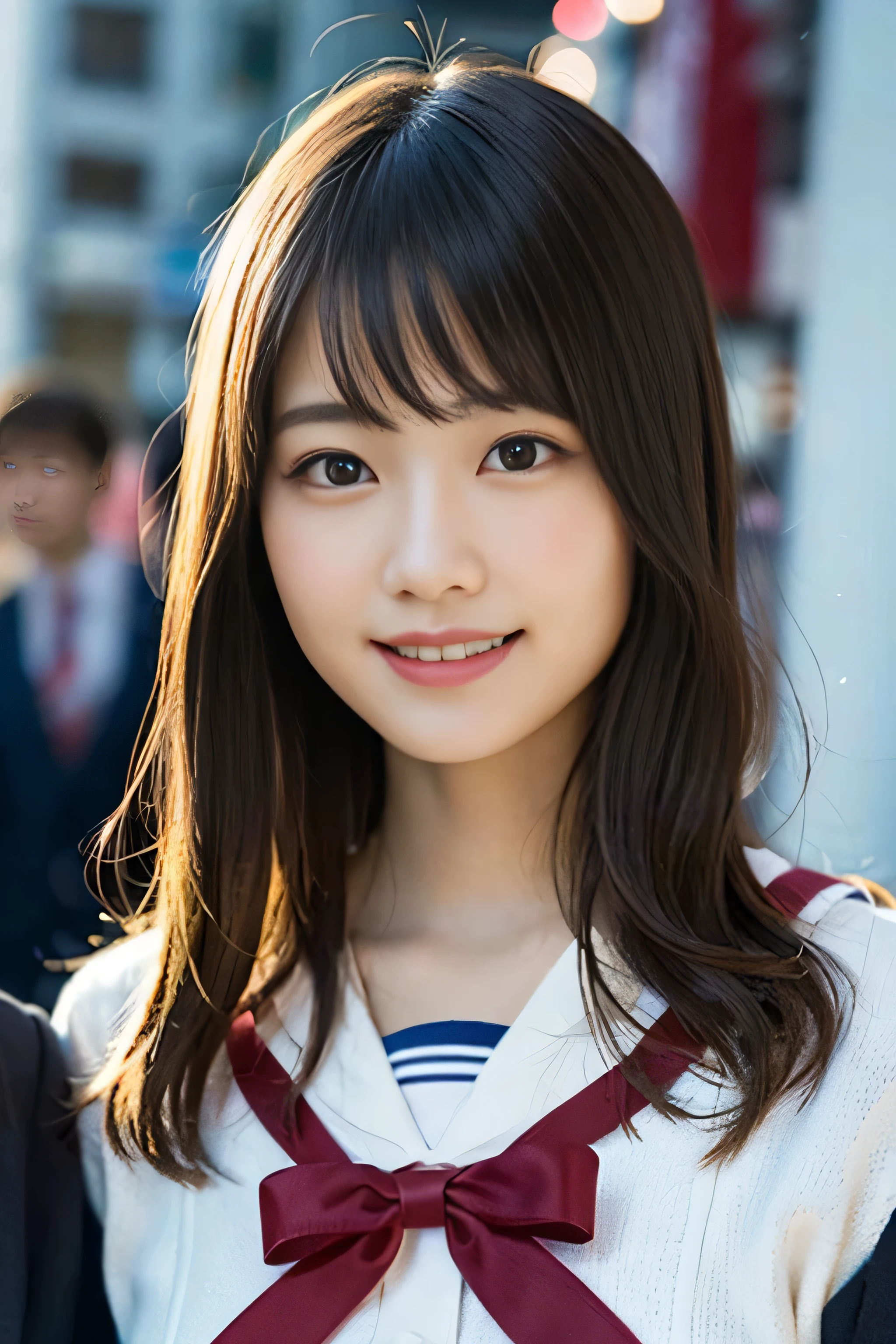 (8K、RAW photo、highest quality、masterpiece:1.2)、(realistic、Photoreal:1.37)、Super detailed、ultra high resolution、1 girl、see the beholder、beautiful and detailed face、laughter、narrow、(slim waist) :1.3)、beautiful and smooth skin、skin texture、floating hair、professional lighting、as a whole human body、long hair、blonde、Japanese high school uniform、sailor suit、admission、、bob hair、E cup、smile、16 years old、red ribbon、baby face、childish smile、no makeup、moisturizing lips、pale pink lips、Museum background