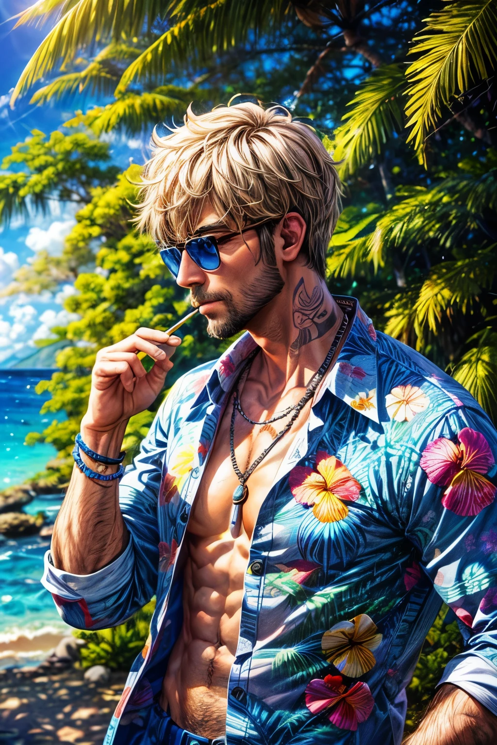 ((worst quality, low quality)), ((close)),Handsome man in his 30s, (Cigarettes in the mouth:1.3),tattoo,Muscle granules々,manly,(ハイビスカス🌺柄のアロハシャツ, Wearing an Aloha shirt:1.3), (sunglasses:1.4), low angle shot, (Bright sunshine:1.2), ((Tropical beach background:1.5)), highest quality,Super detailed, masterpiece,