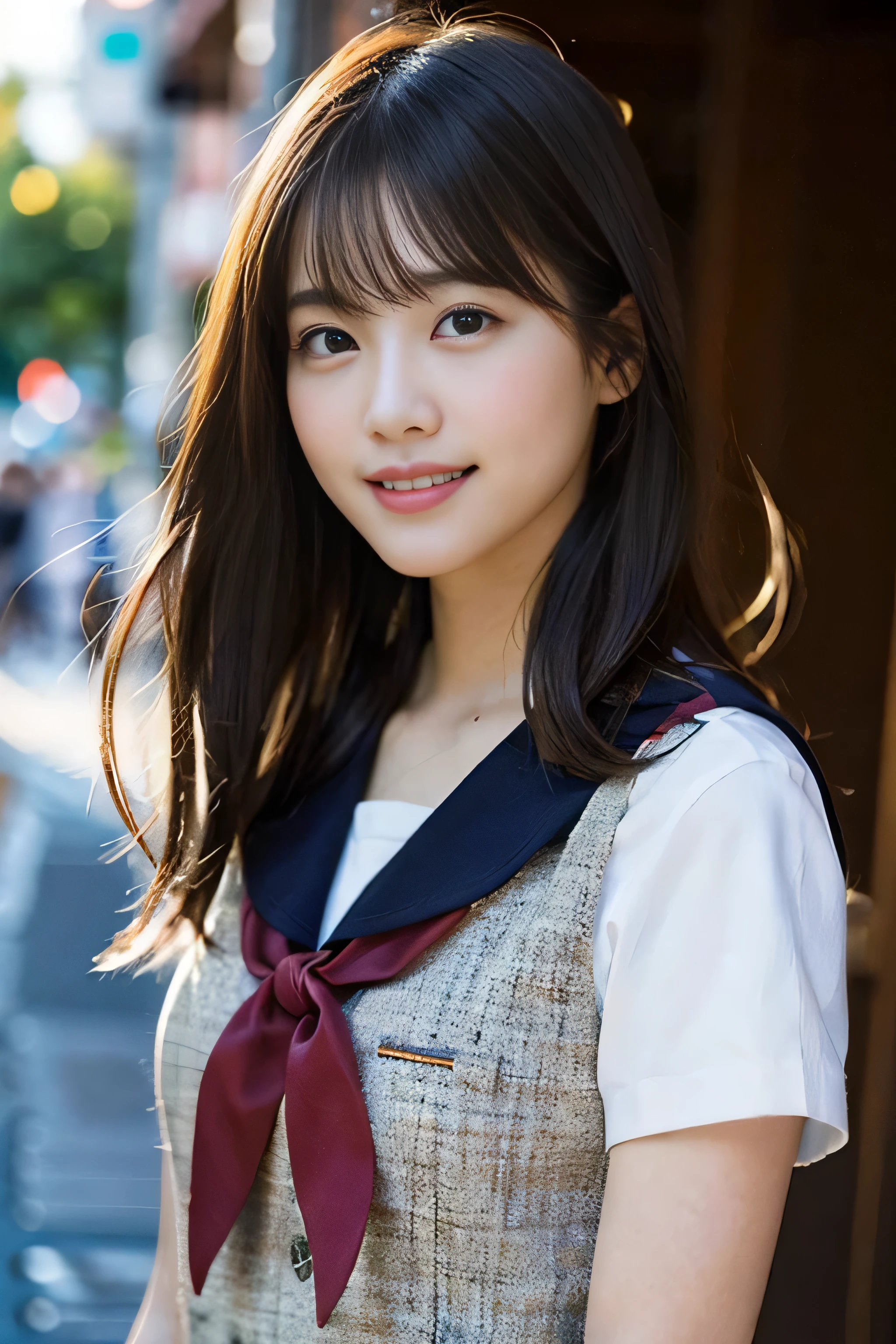 (8K、RAW photo、highest quality、masterpiece:1.2)、(realistic、Photoreal:1.37)、Super detailed、ultra high resolution、1 girl、see the beholder、beautiful and detailed face、laughter、narrow、(slim waist) :1.3)、beautiful and smooth skin、skin texture、floating hair、professional lighting、as a whole human body、long hair、blonde、Japanese high school uniform、sailor suit、admission、、bob hair、E cup、smile、16 years old、red ribbon、baby face、childish smile、no makeup、moisturizing lips、pale pink lips、nostalgic countryside