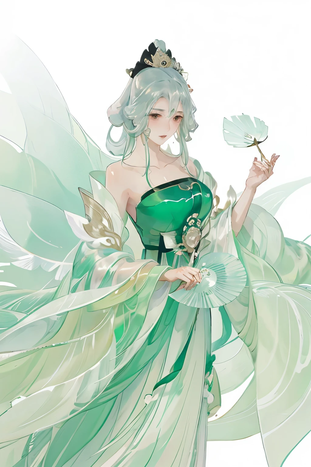 Wearing a green dress、anime girl with a fan in her hand, ((beautiful fantasy queen)), anime goddess, beautiful fantasy queen, flowing magic robe, Inspired by Luo Mu, ethereal wings, The majestic angel, Inspired by Ma Yuanyu, full body xianxia, Onmyoji Detailed Art, 《Genshin》Keqing in
