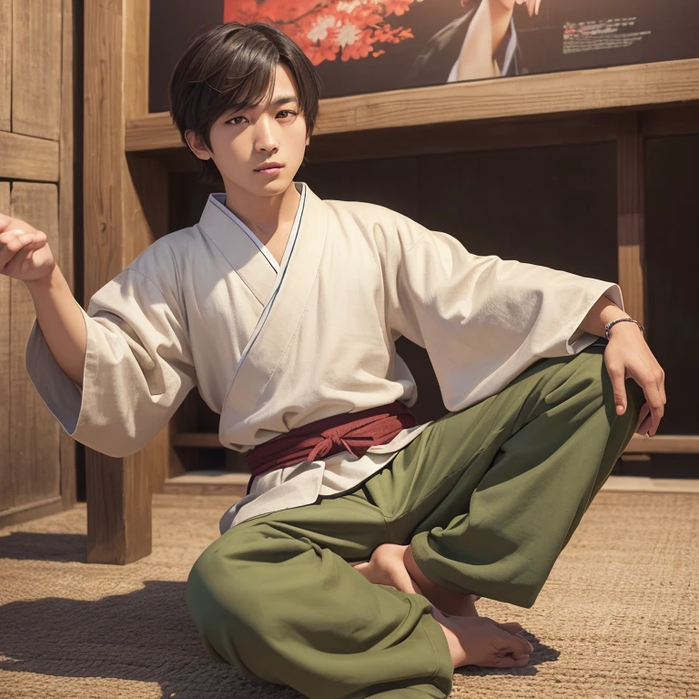 High resolution, Super detailed, masterpiece, highest quality,oriental、boy、ancient japanese peasant clothes、alone、pants、game poster、