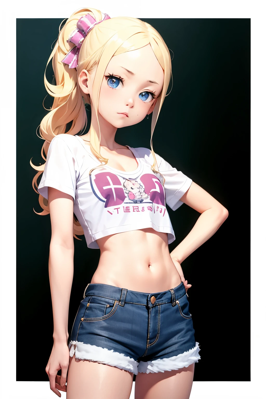 1 girl, wearing short shorts, tight shirt, thin waist, Beatrice re: zero, small breasts, delicate face, no smile, blonde hair