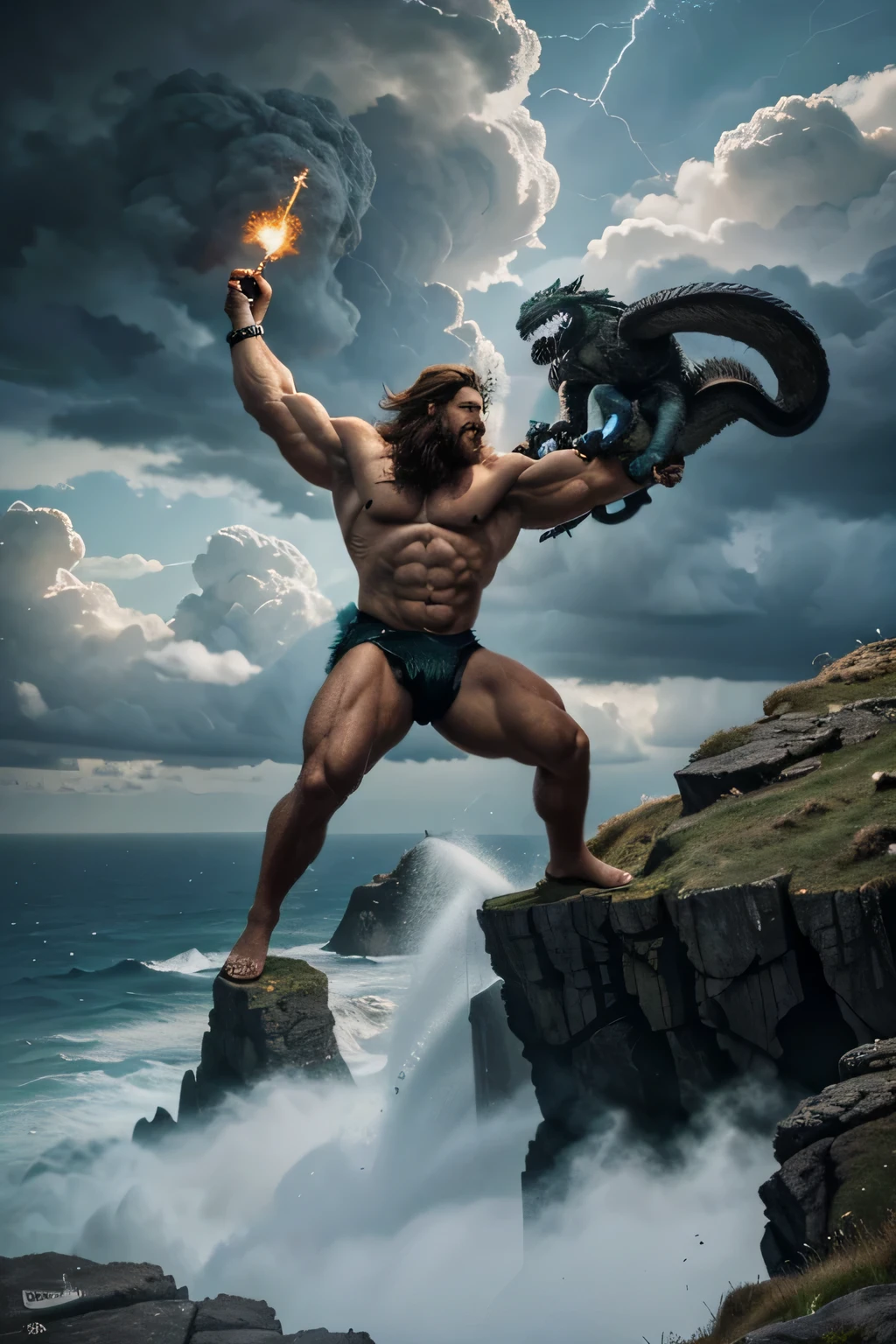 Hercules, engaged in an epic battle with the Chimera, the mythical beast breathing fire and lashing out with serpentine tails, the intense struggle set against a backdrop of craggy cliffs and swirling storm clouds, Illustration, dynamic digital art with a focus on action and movement