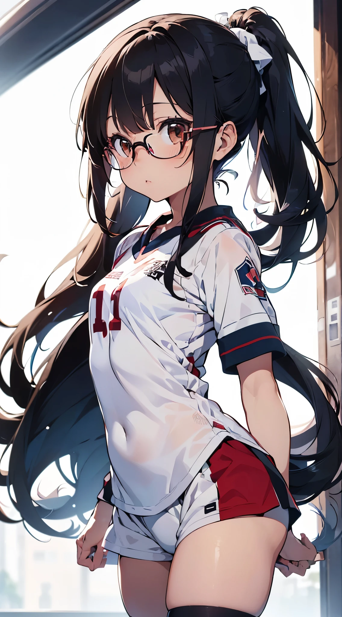 (((kipity art)))), ((High resolution)),masterpiece, high quality, 最high quality, beautiful, perfect lighting, detailed face, super cute face, ((1 girl)), ((alone),11 year old girl、Expressionless、glasses、black hair、ponytail, bangs, ((fluffy hair)), brown eyes, slender body, whole body, shy, just woke up, blush, ((grab the thigh)), (((small breasts))), (small hips), (normal thighs), soft body、High resolution、1 girl in、cute anime illustration、upright,whole,Standing position, Lower both arms,put your hands behind your back, look straight, pure white background, arms behind,Soccer Uniforms、Red Football Uniform