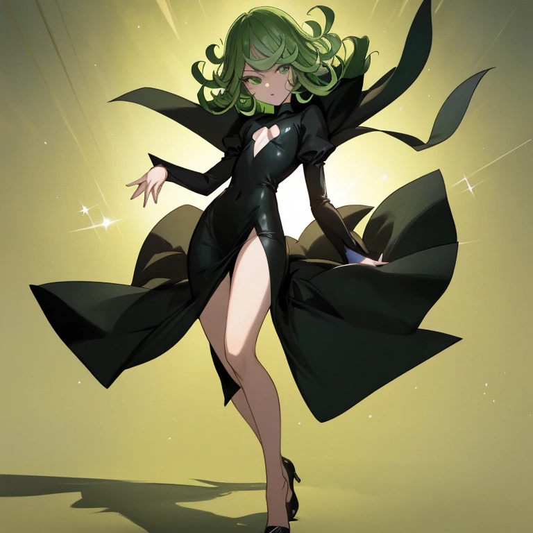 {{{tatsumaki}}}, {one punch man},
{{{{amazing quality, great quality, high quality, very aesthetic, aesthetic, best quality}}}},
realistic, photo, shadow, Three-dimensional, absurdres, Digital art,
{{{{Magical girl}}}}, beautiful girl, one girl,
green hair, shiny hair, green eyes, slanted eyes, big eyes, round eyes,
{{flat chest}}, {{small breasts}}, {{detailed body}}, slim thighs, thin thighs,
black tight dress, long skirt, side slit skirt,
sleeves are wide open, {{{collar up, raise one's collar, dress that opens to the chest}}},
black high heels, bare hands, {{{barefoot}}}, don't wear tights,
No panties, no bra,