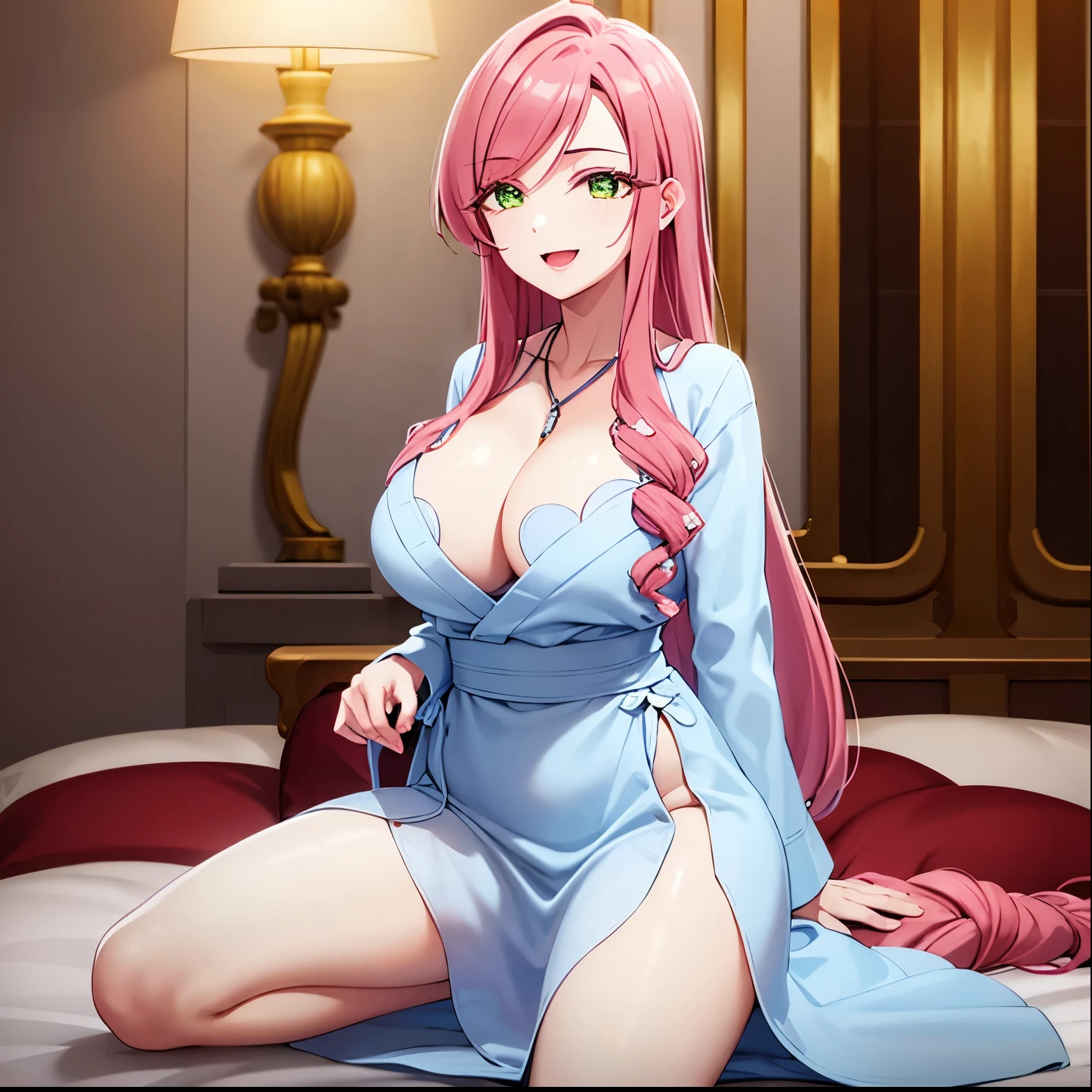 1girl, alone, hahari hanazono, long hair, bangs, (green eyes:1.2), pink hair, flower, hair flower, smile, dress, cleavage, jewelry, necklace, white dress, indoors, bed, looking at viewer, (masterpiece:1.2), best quality, high resolution, unity 8k wallpaper, (illustration:0.8), (beautiful detailed eyes:1.6), extremely detailed face, perfect lighting, extremely detailed CG, (perfect hands, perfect anatomy),cleavage, big breasts, medium waist, wide hips, wide thighs, long pink hair, green eyes, seductive, smiling, open mouth