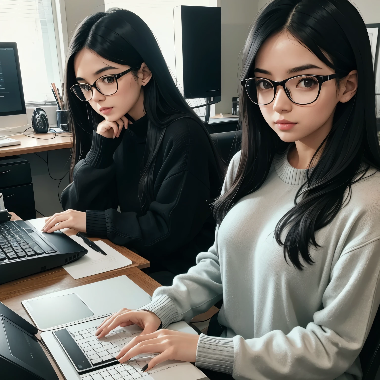 Woman with glasses 23 years old long black hair sitting at her computer working and wearing black sweater