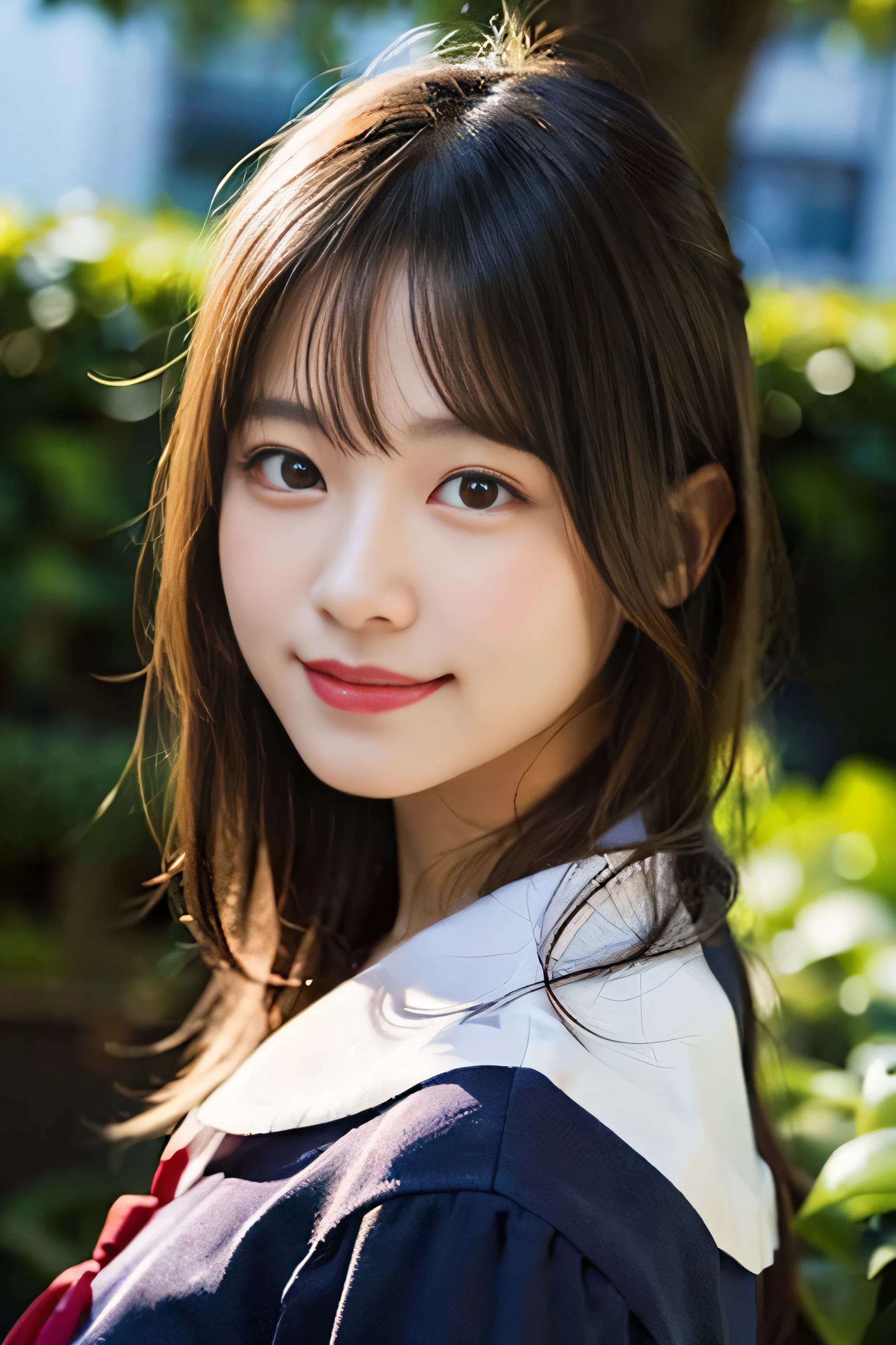 (8K、RAW photo、highest quality、masterpiece:1.2)、(realistic、Photoreal:1.37)、Super detailed、ultra high resolution、1 girl、see the beholder、beautiful and detailed face、laughter、narrow、(slim waist) :1.3)、beautiful and smooth skin、skin texture、floating hair、professional lighting、as a whole human body、long hair、blonde、Japanese high school uniform、sailor suit、admission、、bob hair、E cup、smile、16 years old、red ribbon、baby face、childish smile、no makeup、moisturizing lips、pale pink lips、nostalgic countryside、round glasses、Hiroshi