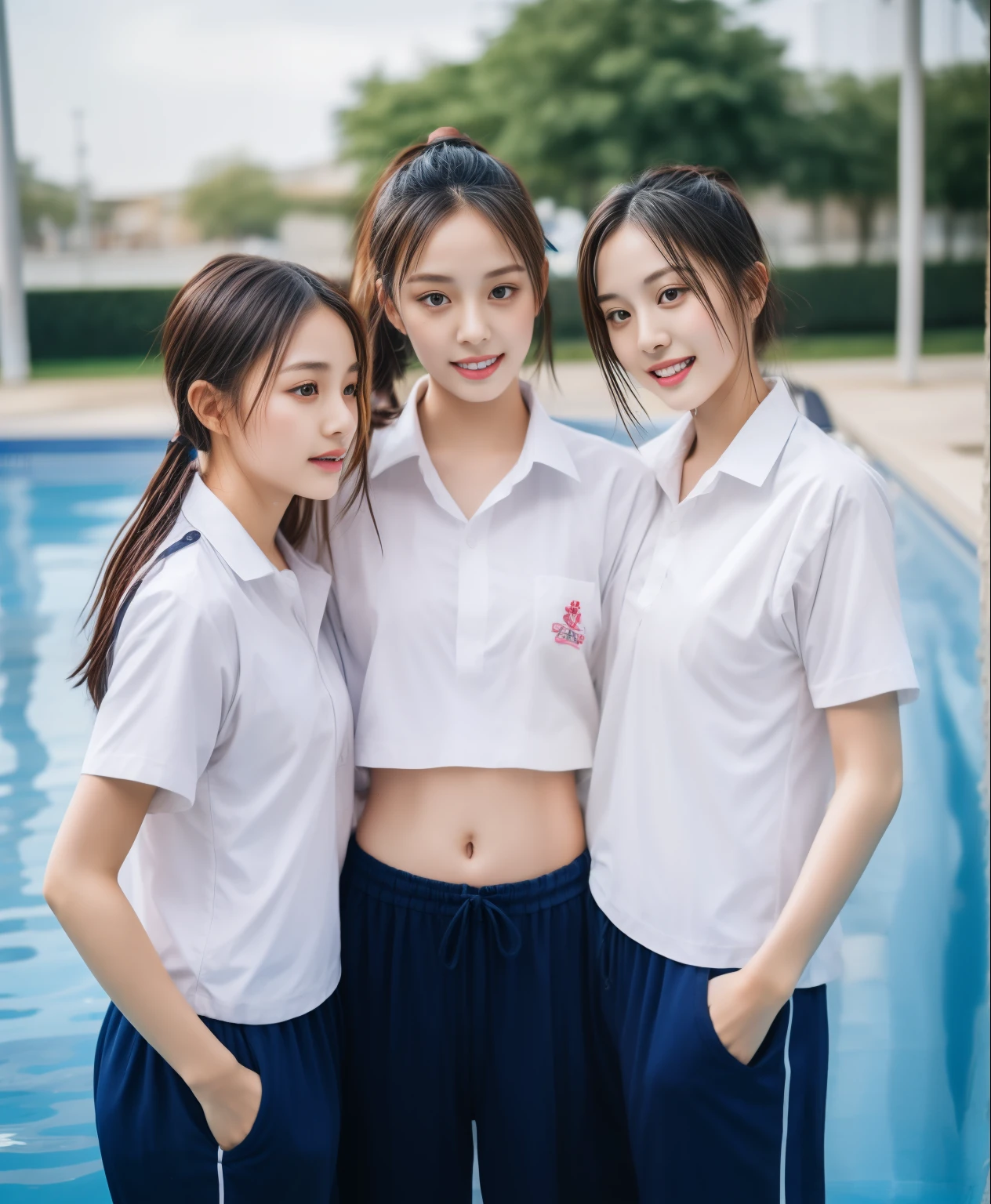 3 girls in the swimming pool, Navy blue short-sleeved shirt,Navy Long Trackpant,Sweatpants, Sweatpantsขายาว,25 year old girl, lesbian, sexy, exercise clothes, wet body, exercise clothes