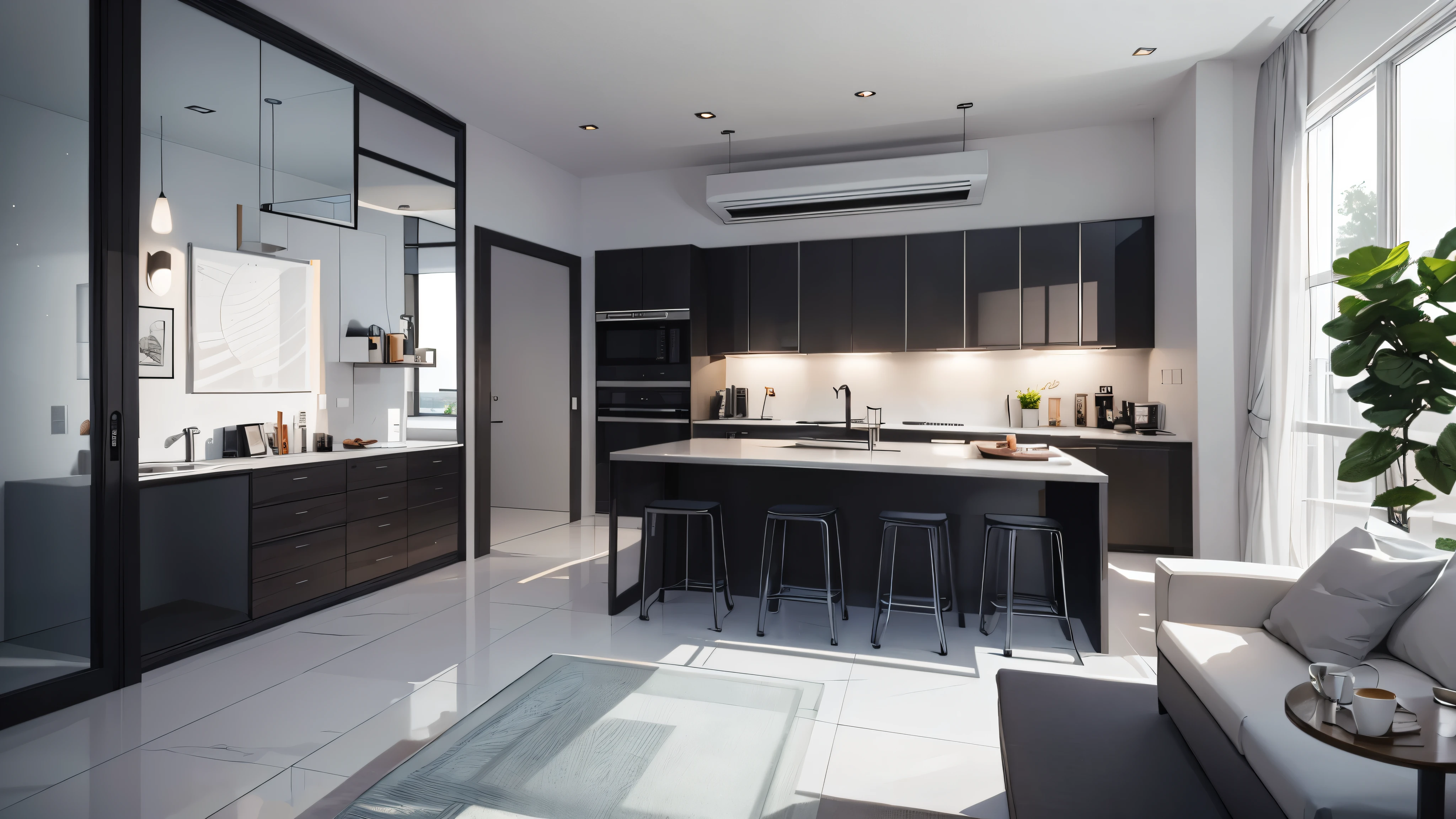 You are a famous interior designer、You have been asked to create a 3D image of a modern large room. Create a harmonious environment with modern and minimalist furniture. Including garden interior.