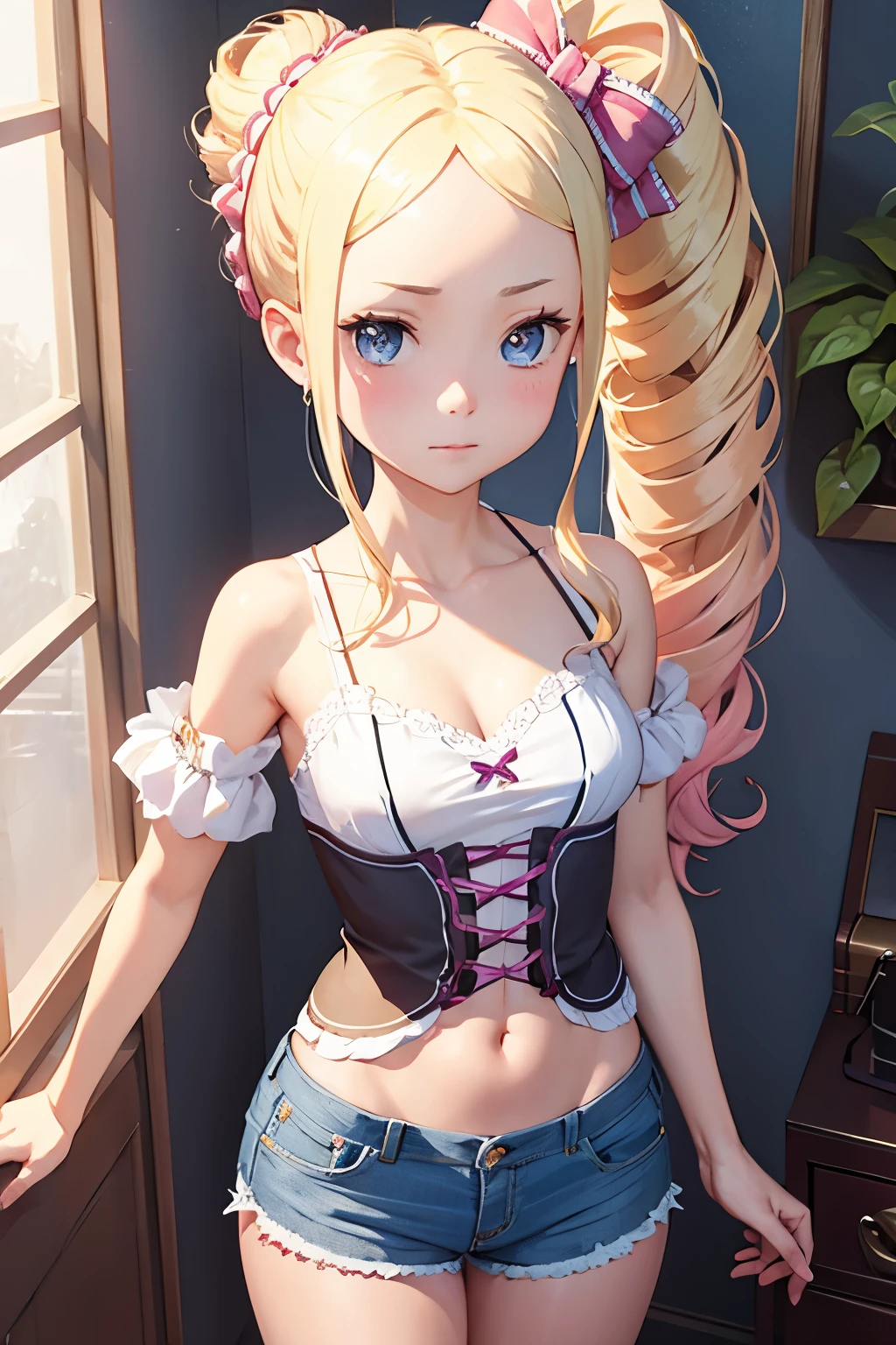 1 girl, wearing short shorts, tight shirt, thin waist, Beatrice re: zero, small breasts, delicate face, no smile, blonde hair