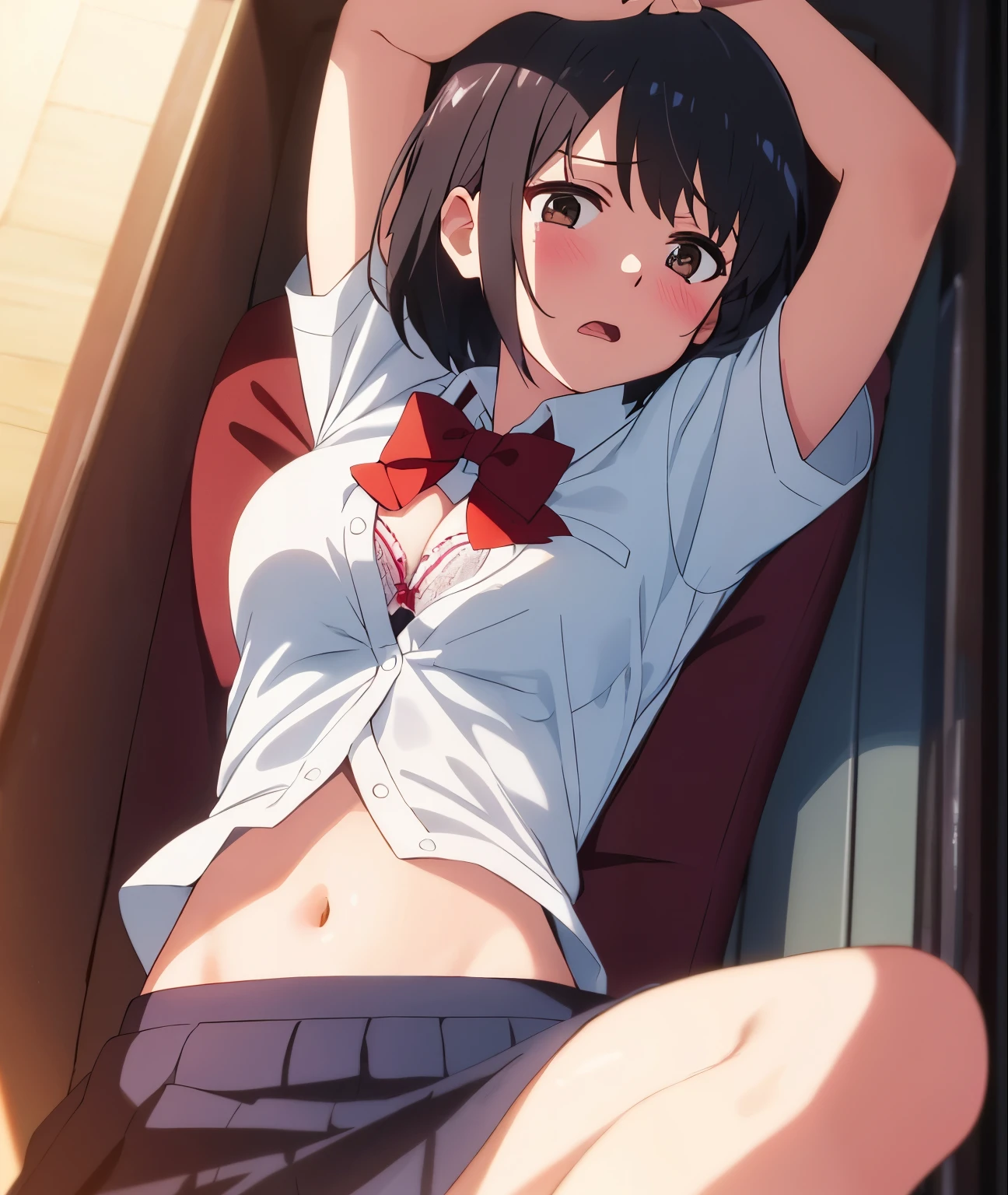 shinkai makoto, kimi no na wa., 1boy buzzcut, school uniform, pants down, , 1girl, bangs, black hair, blush, open mouth, brown eyes, tear eyes, collared shirt, open mouth, red headband, red ribbon, red bow, school uniform, short hair, white shirt, skirt,night, indoors, bedroom, lie on floor, open skirt, white panties, partially unbuttoned, open clothes, navel, white bra, arms tied up, boy is front girl,touching chest, chest grope from front, grab, grabbing chest, hug fromt, hugging, lick face, lick, lick cheeks,arms up, hold another hand, hold arms, lying, red couch, lying on couch, lie on couch, hug, passionate hug, face to face, body to body, lie down with body, pelvic to pelvic,1boybuzzcut,