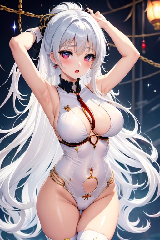 ((masterpiece、Super detailed、intricate details、high quality、distinct、An illustration))、girl 、18-year-old、150cm、40 km、C cup、Magical girl、thin、slim body、short hair、shortcut、bdsm（（（bondage、raising both arms up、両腕をtied up、handcuffs、shackles、whole bodyをtied up、silver hair、platinum、Estrus、slave、Shyness）））、Flesh-colored leotards、torn leotard、Thin leotard、Sheer frills、Sheer skirt、beautifully、nipple、nippleが見えそう、透けたnipple、risky、See-through、cleavage exposed、tied up、first round、鎖付きの金属のfirst round、first roundを引っ張られてる、shy、bdsm（（whole bodybondage、Captive、fetters））、whole body、Overall view、spider webs、巨大なspider webs、spider websに掛かった少女