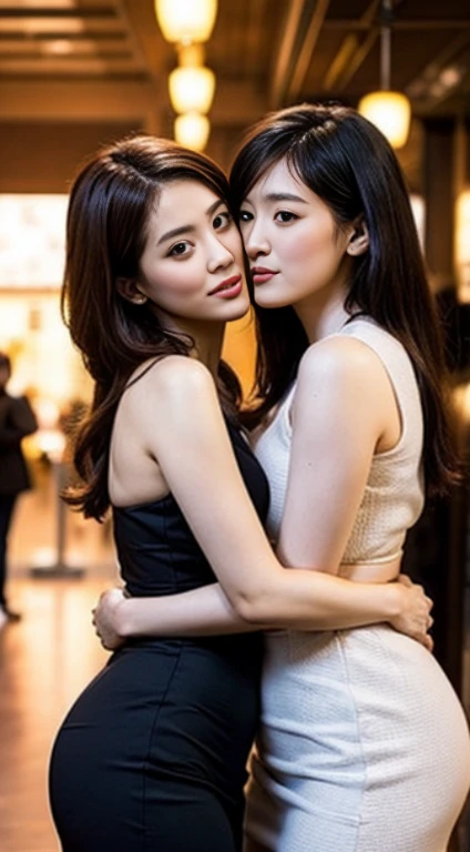 two beautiful women hugging each other、A small, slim Japanese beauty and a big, glamorous American beauty、two people kissing、big bust、big hips、In town、crowd、sensual