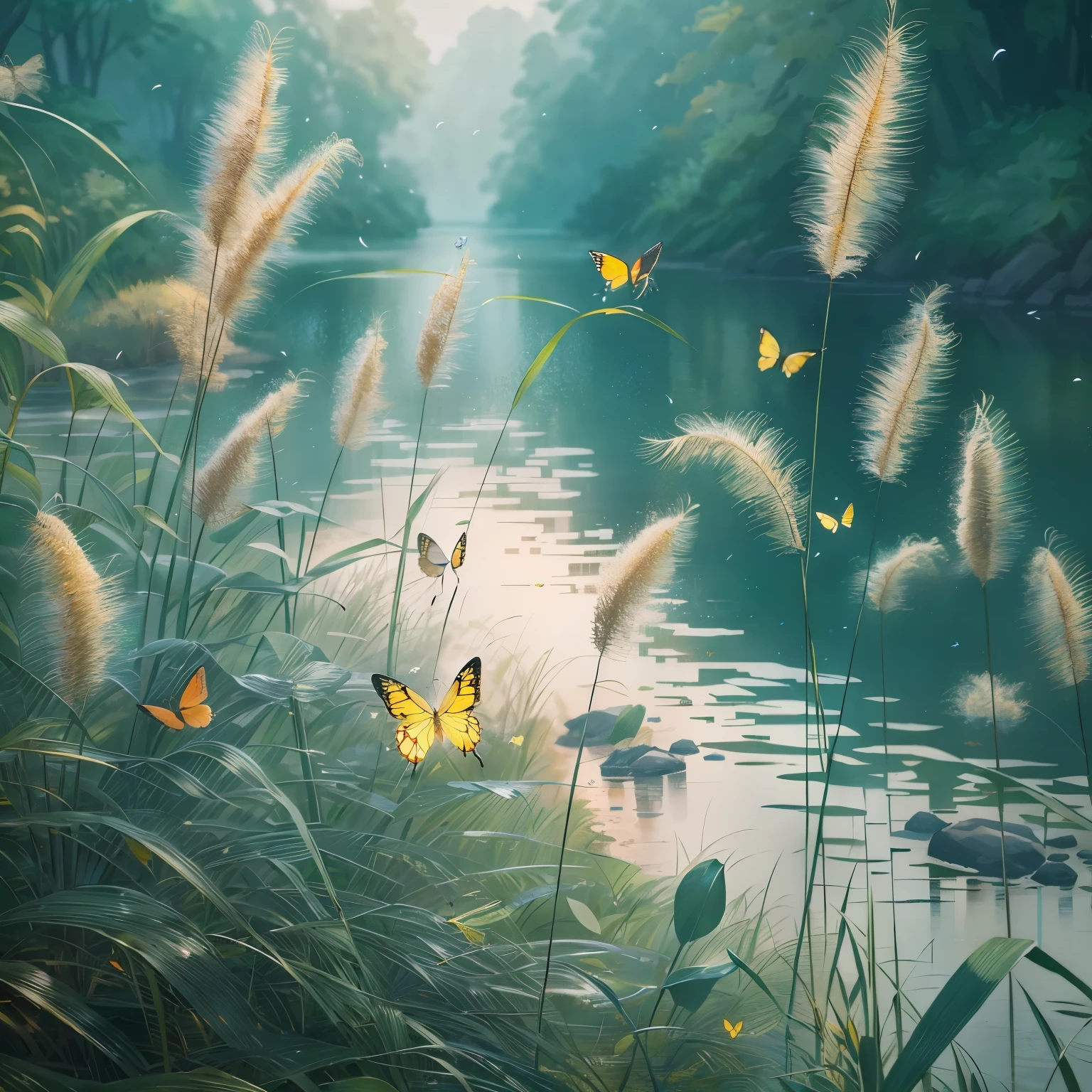 there are many yellow butterflies flying over the water near the grass, by Yang J, beautiful digital artwork, by Wen Zhenheng, by Cheng Jiasui, by Liang Kai, by Shen Quan, by Zou Zhe, by Li Song, beautiful art uhd 4 k, dreamy scene, by Zheng Xie, by Ju Lian, by Pu Hua