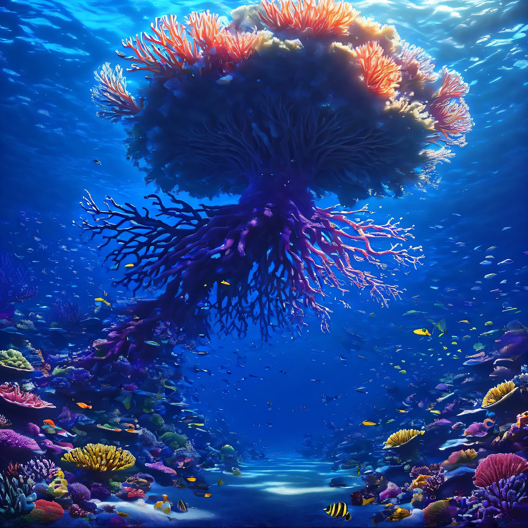 (best quality,4k,8k,highres,masterpiece:1.2),ultra-detailed,(realistic,photorealistic,photo-realistic:1.37),deep underwater, so deep no sunlight reaches, perpetual night, undersea forest,leprous corals,dimly lit,rainbow colored,faintly bioluminescent kelps,creepy creatures,shadows,outlines,forest depths,shimmering water,vibrant colors,organic shapes,mysterious atmosphere,secluded,silent,coexistence,dense foliage,translucent corals,swaying movements,ethereal beauty,subtle glow,undulating plants,hidden treasures,seaweeds,living organisms,biological diversity,marine life,tranquil,enchanted,unseen world,surreal,otherworldly,magical,predatory lurking,elusive,haunting presence