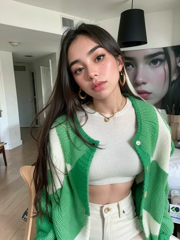 a woman wearing a green and white sweater and white shorts, Dua Lipa, Kailee Mandel, cerveza madison, wearing a green sweater, julia fuentes, marca ariana, foto de perfil, cerveza madison girl portrait, aser duran, violeta myers, ropa verde, 18 years, julia sarda, Retrato de Sophie Mudd, imagen de perfil, lirio franco