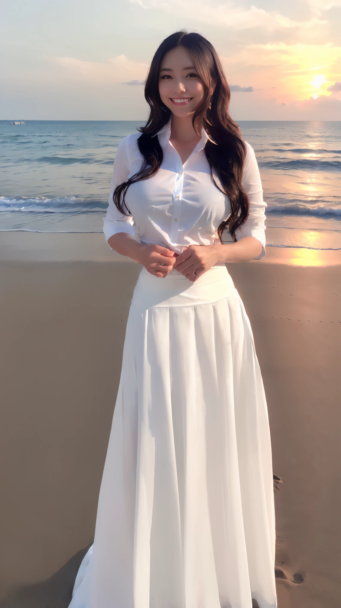 (8K、ultra high resolution、highest quality、masterpiece、realistic、ultra high resolution)、(big breasts、Always wear a white shirt、Always wear a long skirt:1.28)(beautiful sunset beach、Must have long black hair:1.18)japanese woman、cute smile、high heels