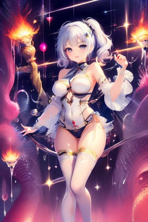 ((masterpiece、Super detailed、intricate details、high quality、distinct、An illustration))、girl 、18-year-old、150cm、40 km、C cup、Magical girl、thin、slim body、short hair、shortcut、bdsm(((bondage、raising both arms up、両腕をtied up、whole bodyをtied up、silver hair、platinum、slave、Shyness)))torn leotard、Thin leotard、Sheer frills、beautifully、risky、See-through、cleavage exposed、tied up、first round、鎖付きの金属のfirst round、first roundを引っ張られてる、whole body、Overall view、spider webs、巨大なspider webs、spider websに掛かった少女