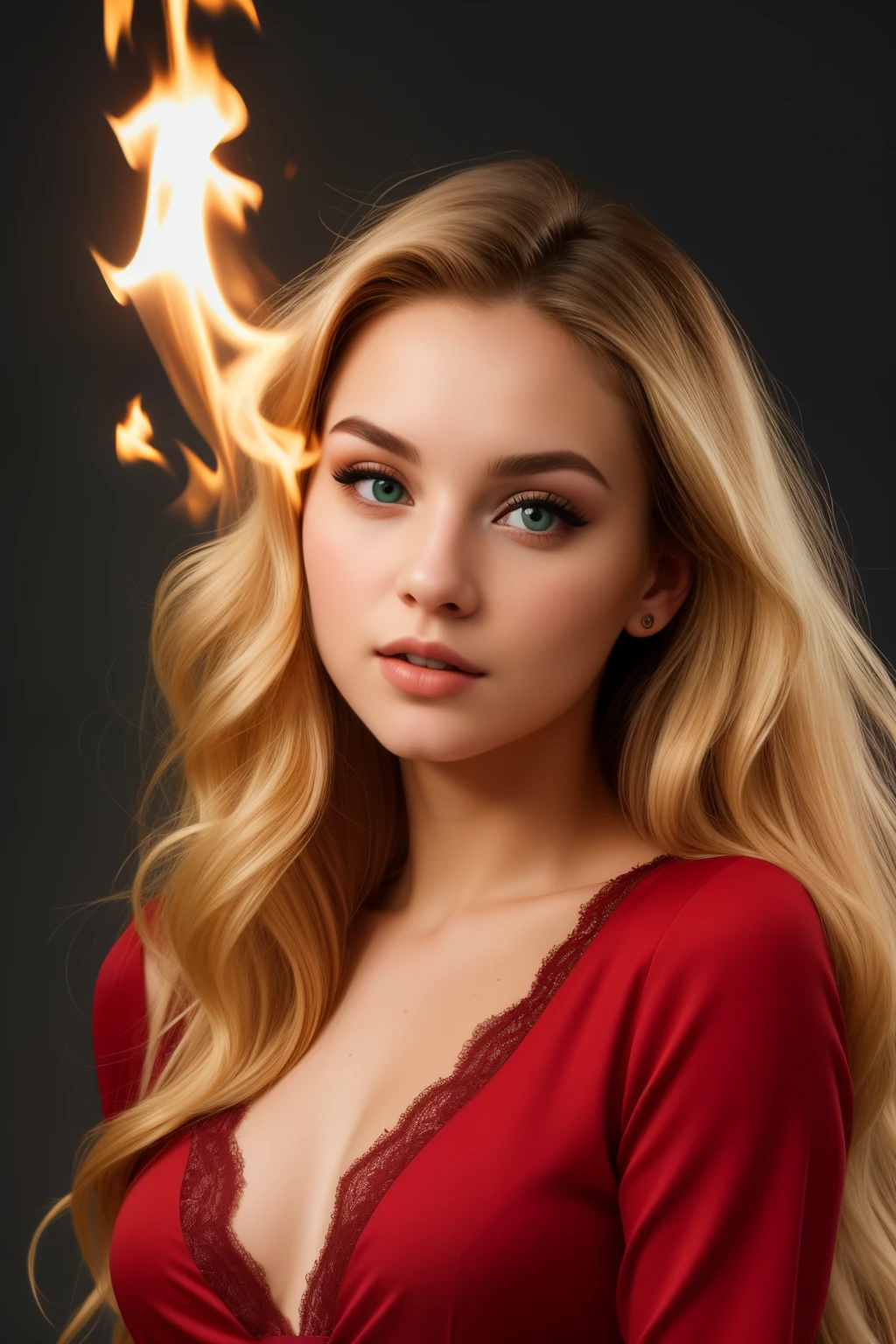 Beautiful female, 20 years old, fire magician, long blonde hair, green eyes, inaccessible look, brave look, graceful, red clothes