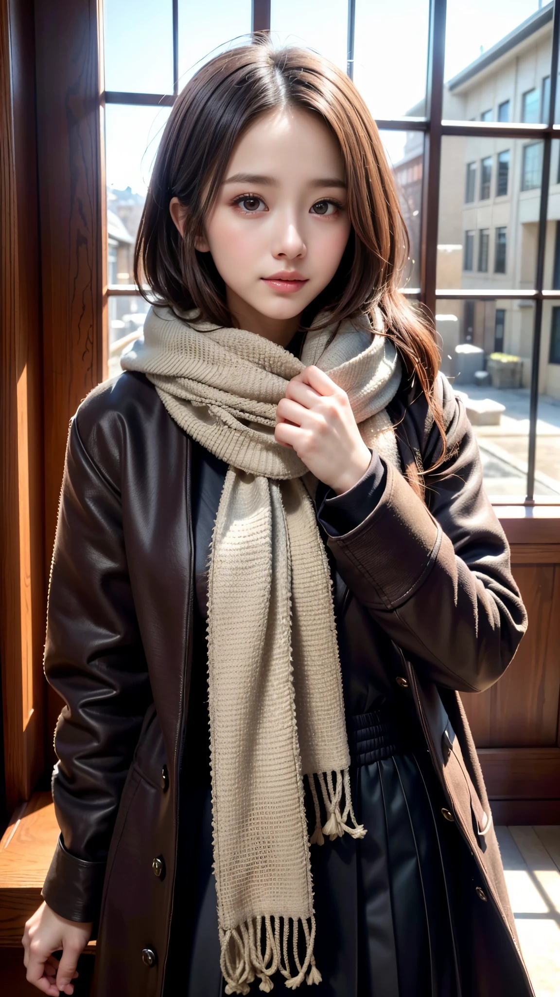 (Close up portrait of one girl with coat with scarf in winter uniform:1.5), (8k, RAW photo, best quality, masterpiece), (realistic, photo-realistic), ultra-detailed, high quality, professional lighting, physically-based rendering photo of 18 years woman, (1girl:1.3), (Japanese idol:1.3), (kawaii:1.3), (cute face:1.3), (Blazer ,School uniform), (short hair, dark brown hair), (high detailed skin:1.2), (ultra delicate face, ultra Beautiful fece, ultra delicate black eyes, ultra detailed nose, ultra detailed mouth), (The background is a monastery:1.5, Beautiful stained glass:1.5, colored glass, lead lines, light transmittance, extremely detailed background)