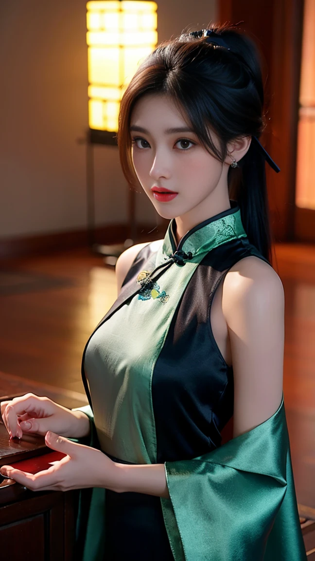 high quality images work of art masterpiece 1.3 beautiful asian girl cosplay Animation Da_yunxu animation perfect world with cheongsam costume ancient chinese smooth long black hair ponytail perfect face body perfect image looking at the viewer a truly beautiful work of art 3d image highest resolution uhd best quality image 32k