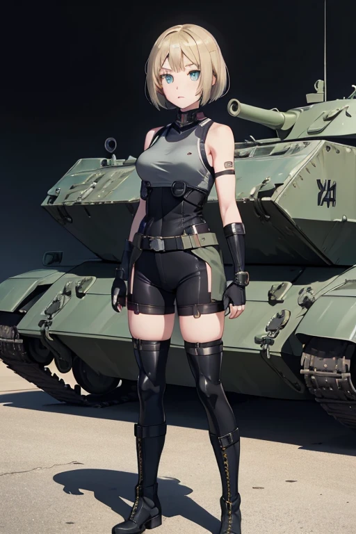 1girl, mecha musume, masterpiece, blonde hair, aqua eyes, bob cut, tank, military vehicle, canon, Abrams tank, fingerless gloves, black gloves, military boots, boots, medium breasts, tank top, thigh highs, black leg wear, bike shorts, military uniform, simple background, white background