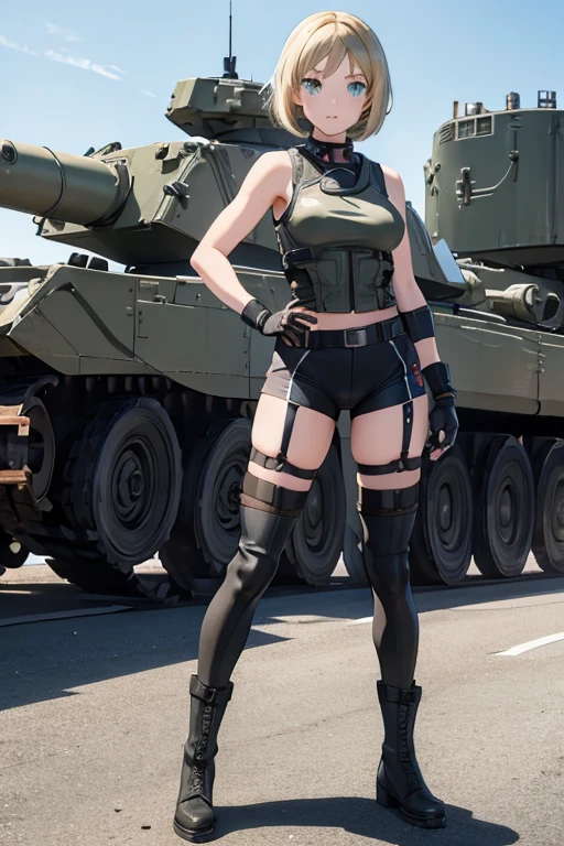 1girl, mecha musume, masterpiece, blonde hair, aqua eyes, bob cut, tank, military vehicle, canon, Abrams tank, fingerless gloves, black gloves, military boots, boots, medium breasts, tank top, thigh highs, black leg wear, bike shorts, military uniform, simple background, white background