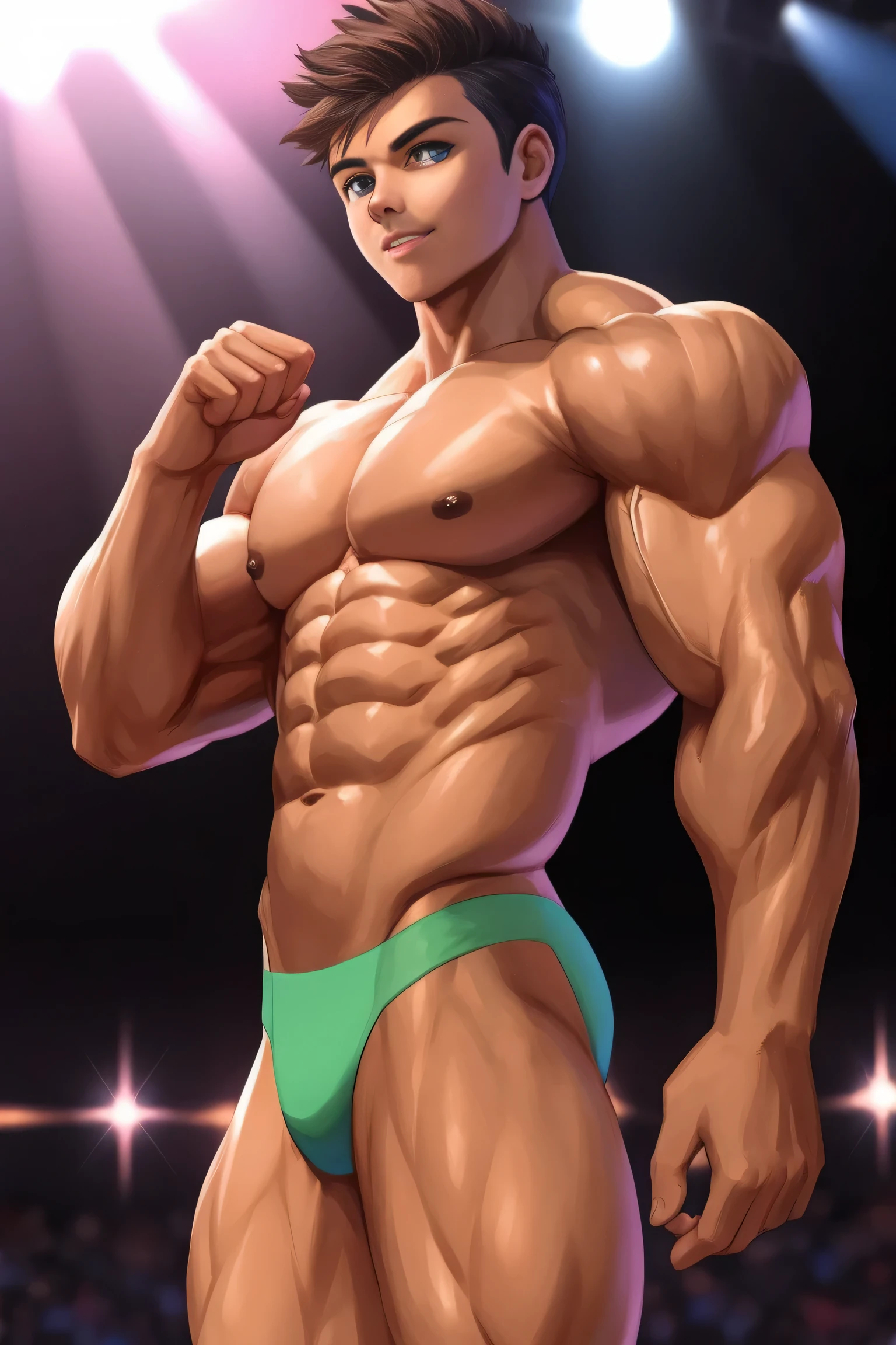 A ('s face) in the bodybuilding competition, on stage with others teen's bodybuilder's at his sides boy, 17 ynager (17 years old) vve boy, Mexican ethnicity. tanned skin, brown hair, carefree, carefree expression, young man, alone, marked muscles, beautiful musculature, aesthetic stretch marks, inspiring physique, slender muscles, square pecs, beautiful V-cone, excellent abs and torso, chiseled abs, pectorals chiseled, with his jet black military haircut and voluminous neck, narrow waist, bare chest, shirtless, topless, white sclera, blue eyes, young face, beautiful, young. wearing a tiny thong (metallic color: green thong) teen muscular young bodybuilder with extraordinary biceps pectorals triceps traps, plump, Gigachad.