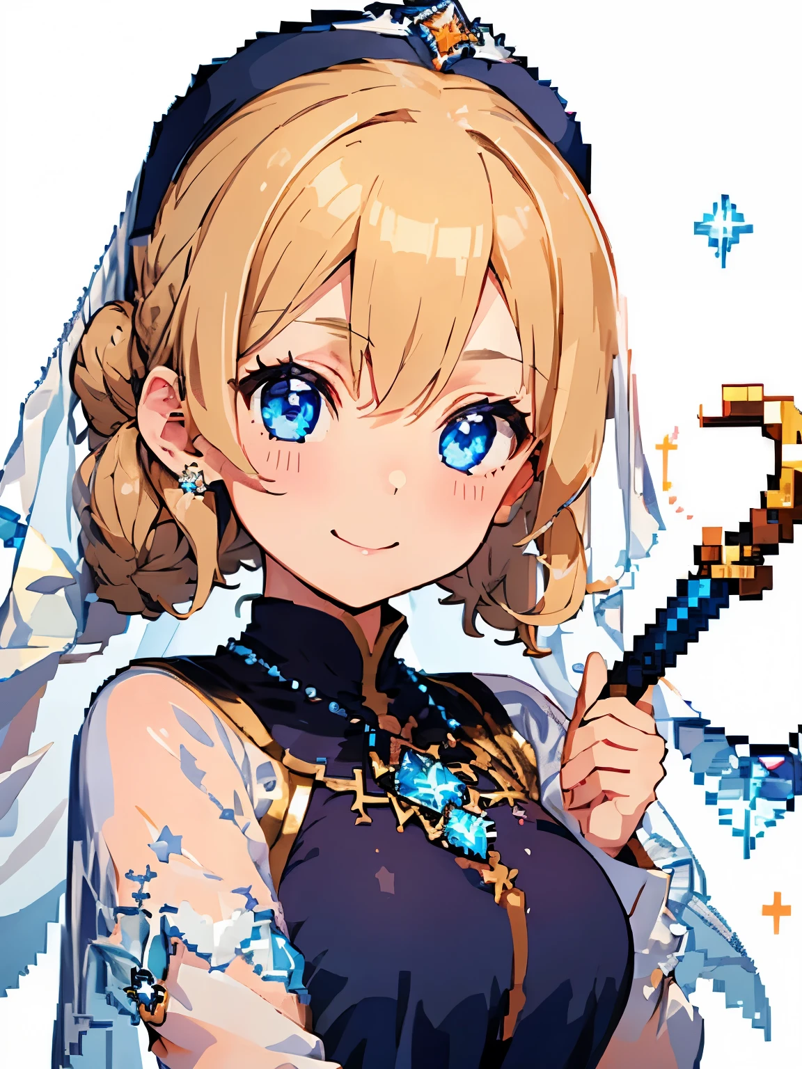 (pixel art:1.2),((Her hair is blonde and curly)),(Fluffy voluminous ponytail),((A tiara-like hair clip in a knot)),(The hair in the ponytail is permed and fluffy.),BREAK ((Girl with blue eyes)),her face is cute、smile,BREAK ((white and blue monastic robes)),(Nun's hat and sheer veil),BREAK ((Warm navy blue muffler)),((wand with crystal jewels:1.4)),(close up of face)