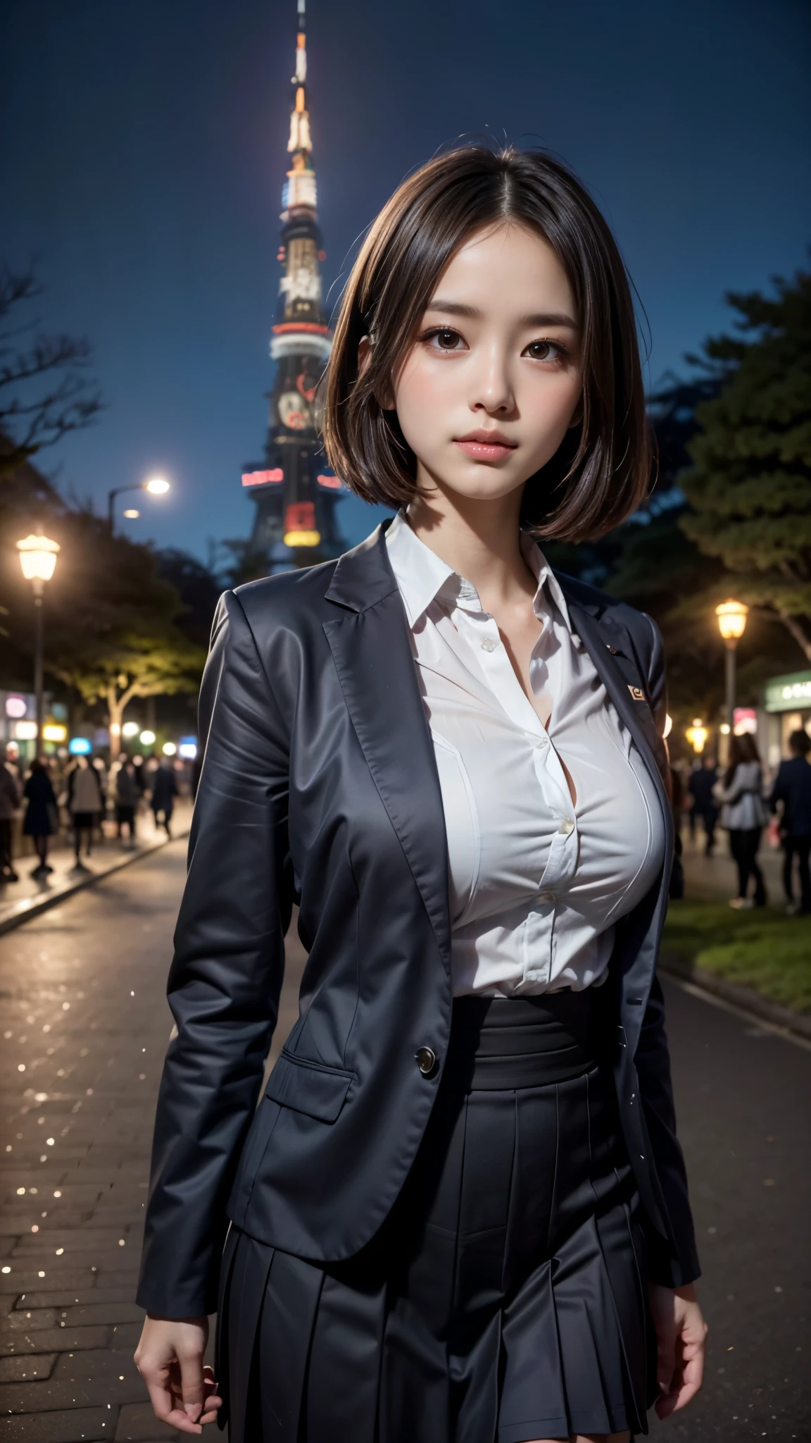 (Close up portrait of one girl with Japanese school uniform:1.5), (white shirt), (cleavage:0.8), (8k, RAW photo, best quality, masterpiece), (realistic, photo-realistic), ultra-detailed, high quality, professional lighting, physically-based rendering photo of 18 years woman, (1girl:1.3), (Japanese idol:1.3), (kawaii:1.3), (cute face:1.3), (Blazer ,School uniform), (short hair, dark brown hair), (high detailed skin:1.2), (ultra delicate face, ultra Beautiful fece, ultra delicate black eyes, ultra detailed nose, ultra detailed mouth), (Walking along a (extremely background is the tokyo tower in the park at night:1.5)), full body shot