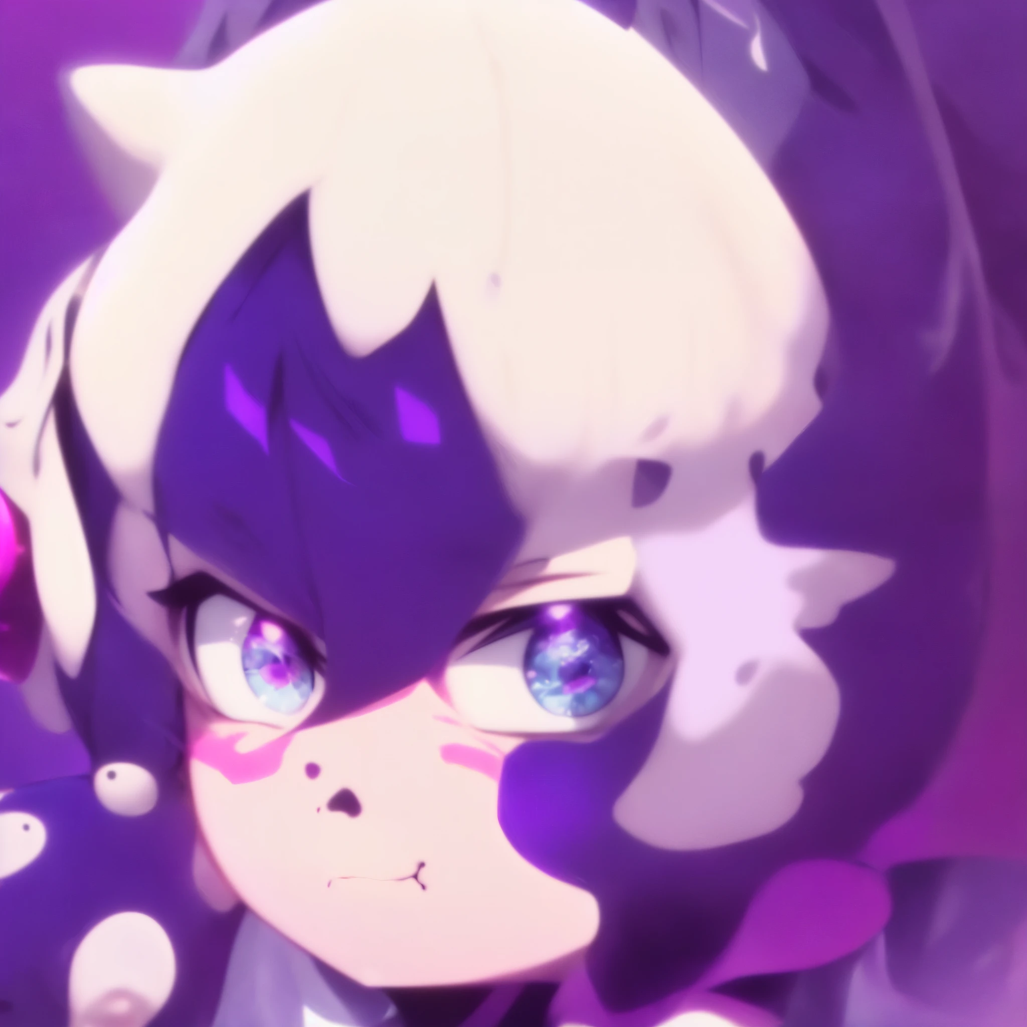 a close up of a cartoon character with a purple background, pouty, flat anime style shading, with glowing purple eyes, sly expression, melty, unknown artstyle, close up character, character art closeup, cel - shaded art style, intense expression, with splatoon style, inspired by Puru, art in the style of joshy sly, character close-up