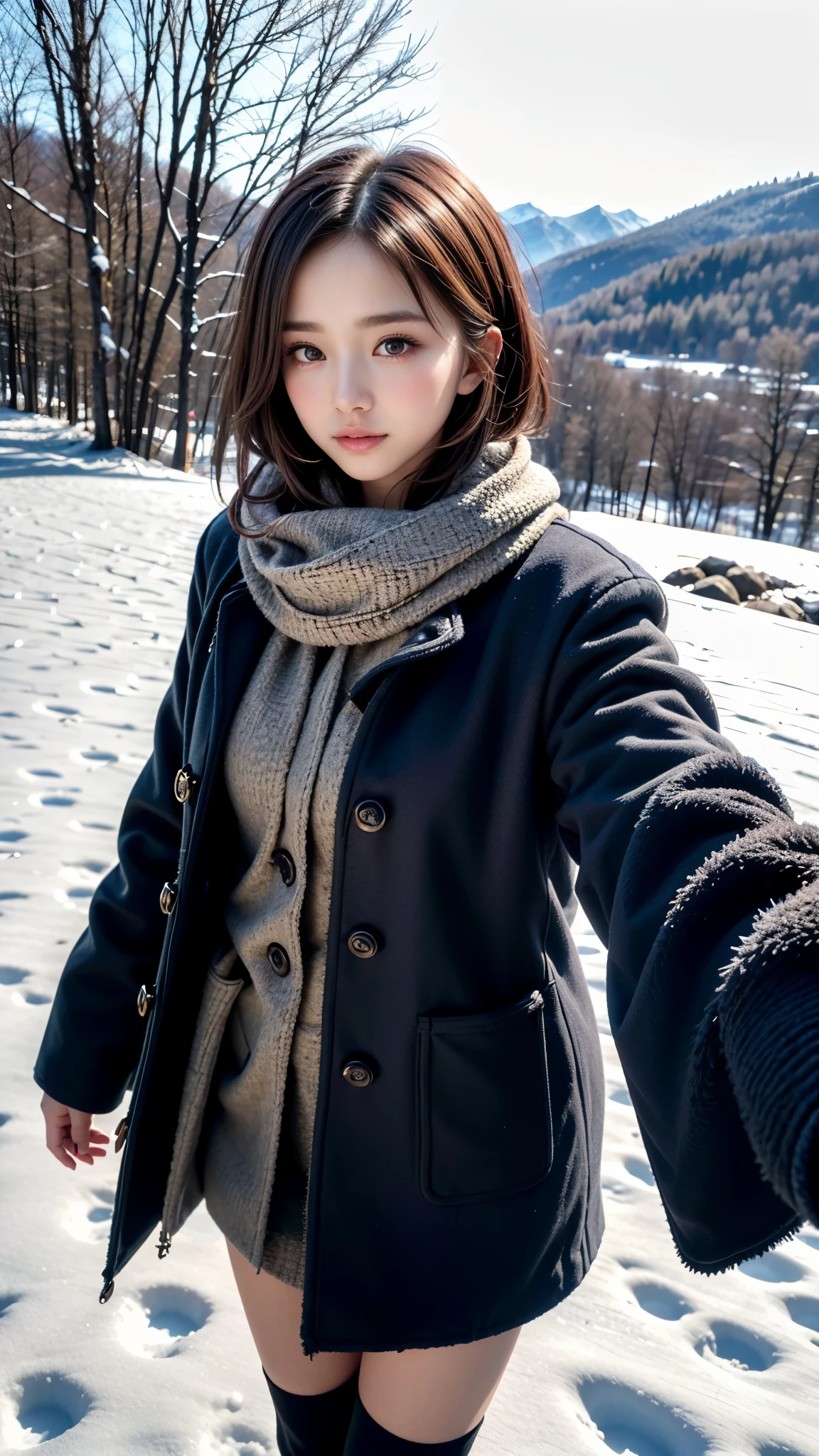 (Close up portrait of one girl with coat with scarf in winter uniform:1.5), (8k, RAW photo, best quality, masterpiece), (realistic, photo-realistic), ultra-detailed, high quality, professional lighting, physically-based rendering photo of 18 years woman, (1girl:1.3), (Japanese idol:1.3), (kawaii:1.3), (cute face:1.3), (Blazer ,School uniform), (short hair, dark brown hair), (high detailed skin:1.2), (ultra delicate face, ultra Beautiful fece, ultra delicate black eyes, ultra detailed nose, ultra detailed mouth), (Walking along a mountain trail), full body shot, sharp focus