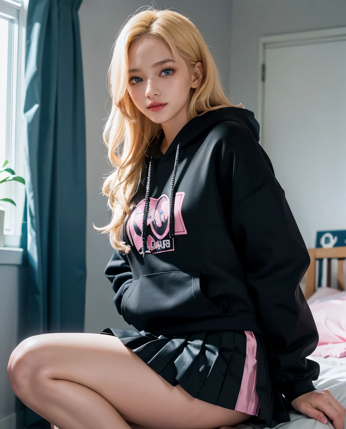 1girl, Blue eyes, (smile), (black and pink hoodie), shiny makeup, (Sana Minatozaki), wide hips, Big , big ass, (Best Quality, 8k, Masterpiece: 1.3), perfect hands, Clear Focus: 1.2, Perfect Body Beauty: 1.4, Highly detailed face and skin texture, detailed eyes, double eyelids, (blonde long hair :1.2), (black pleated skirt), sitting, in a  girl's room