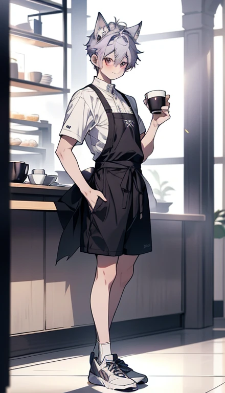 1 boy、Full body illustration、standing pose、shorts、Full body Esbian、short hair、silver haired ，sneakers、Purple mesh hair，wolf ears，wolf tail、Gentle source of light，apron、Cafe，Shyness，nice ，High level image quality，professional drawing，cleanliness，white background、