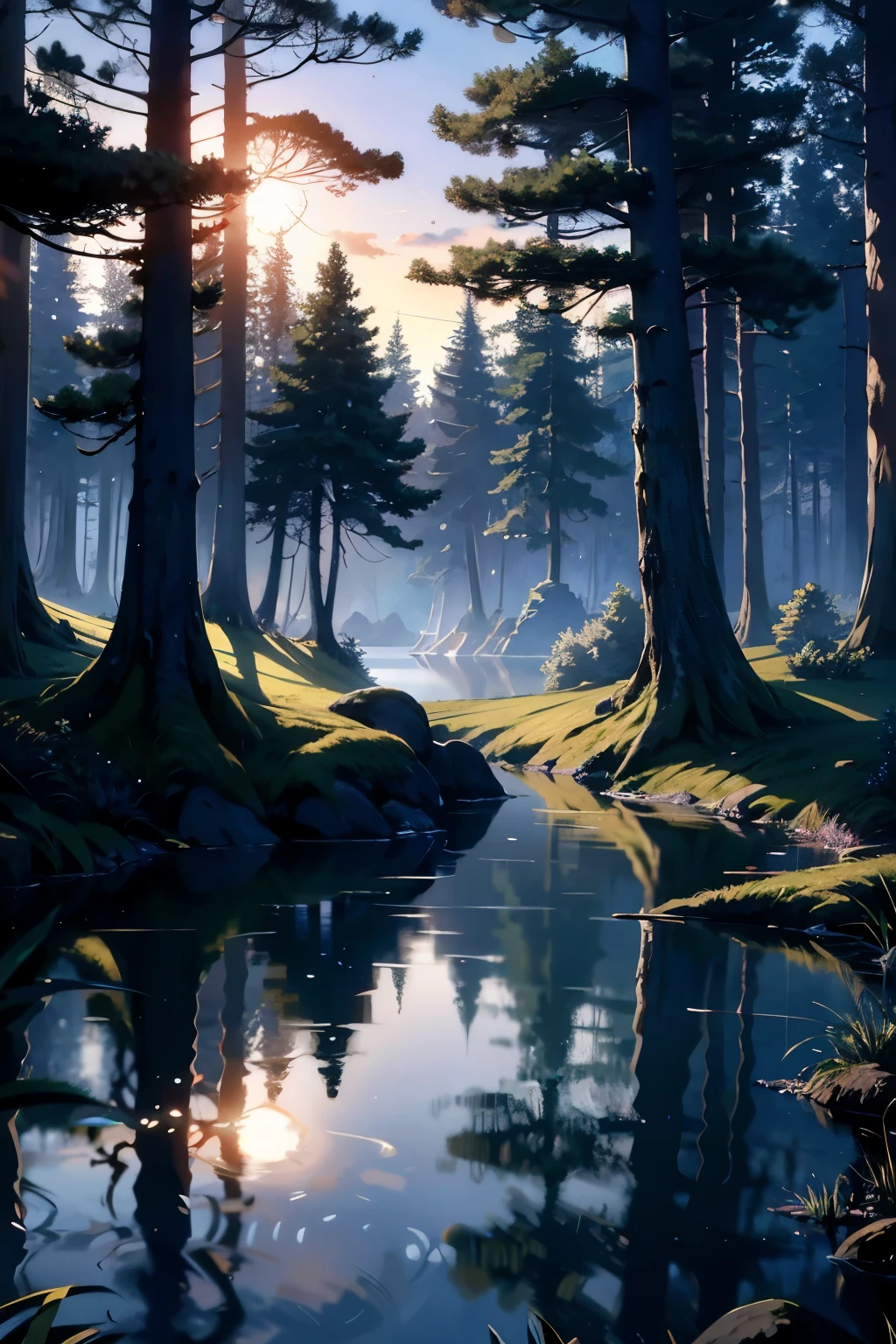 Ultra-realistic CG masterpiece, shades of dark blue, best quality, a scene of tranquility in a twilight forest. Capture the mystery and serenity of the deepening night, with the gentle hues of the sky reflecting off the still waters. Depict the lush greenery of the forest, with trees bearing shadows that stretch long and dark over the forest floor. Rolling hills and a serene lake, with the moon gradually emerging from behind the clouds. Pay attention to the intricacies of the forest, with the fine details of the leaves and the texture of the bark. Use your imagination and creativity, bring the scene to life on the canvas, and feel free to